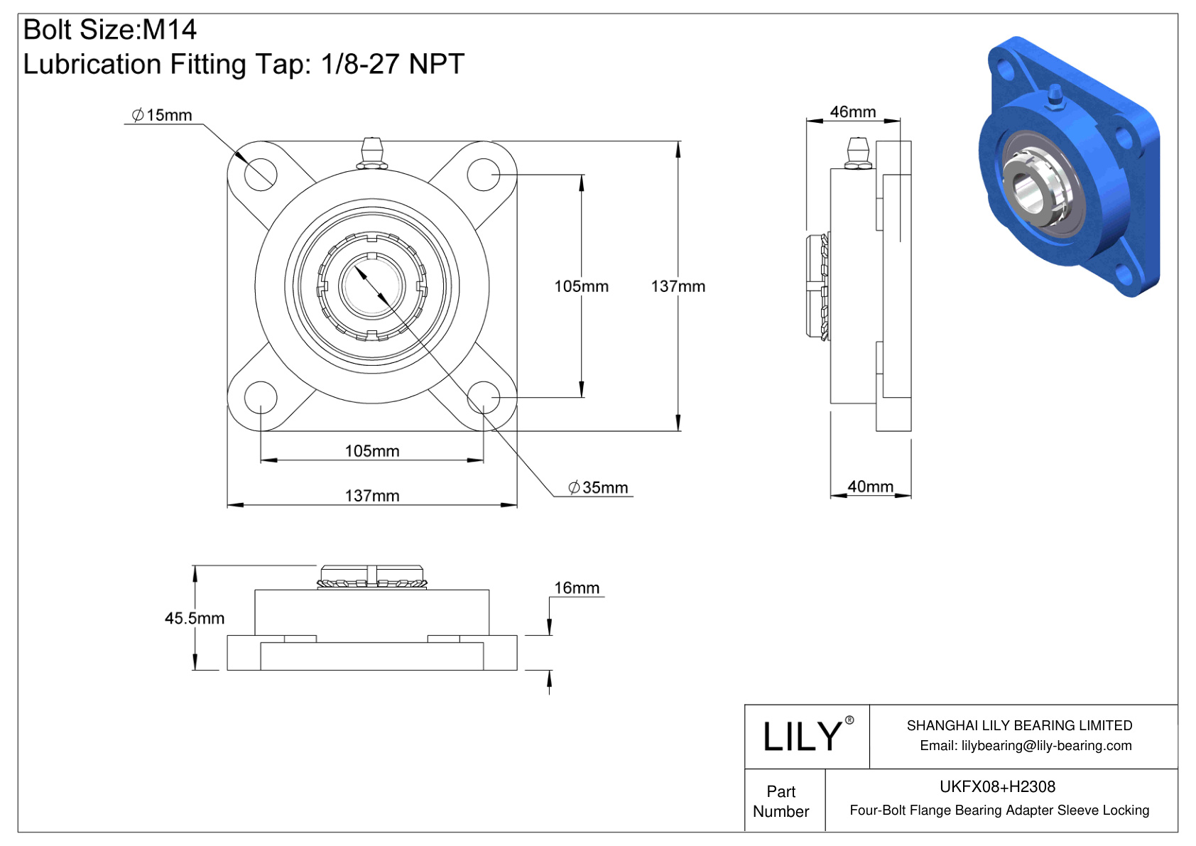 UKFX08+H2308 Manguito de fijación del adaptador de cojinete de brida de cuatro pernos cad drawing