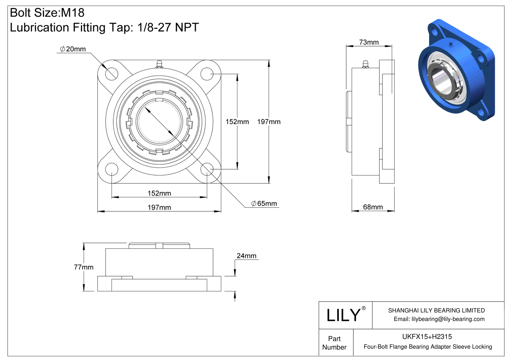 UKFX15+H2315 Manguito de fijación del adaptador de cojinete de brida de cuatro pernos cad drawing