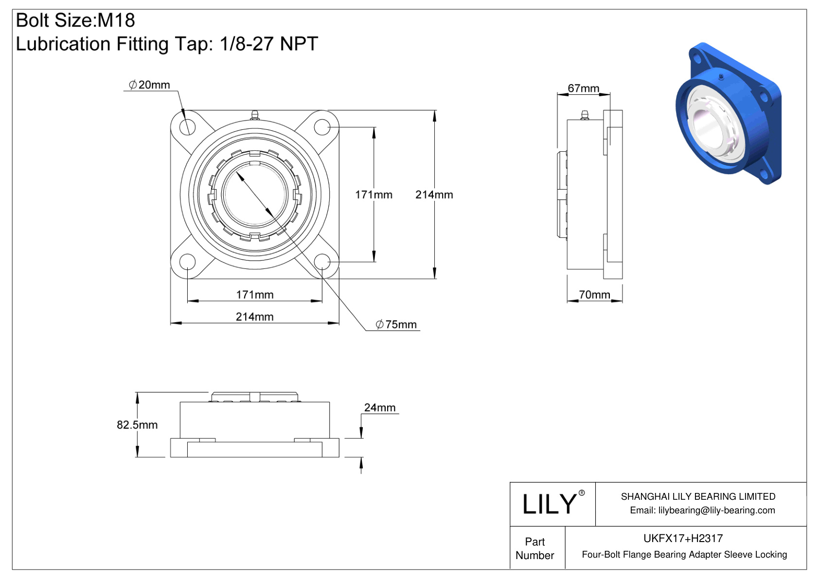 UKFX17+H2317 Four-Bolt Flange Bearing Adapter Sleeve Locking cad drawing