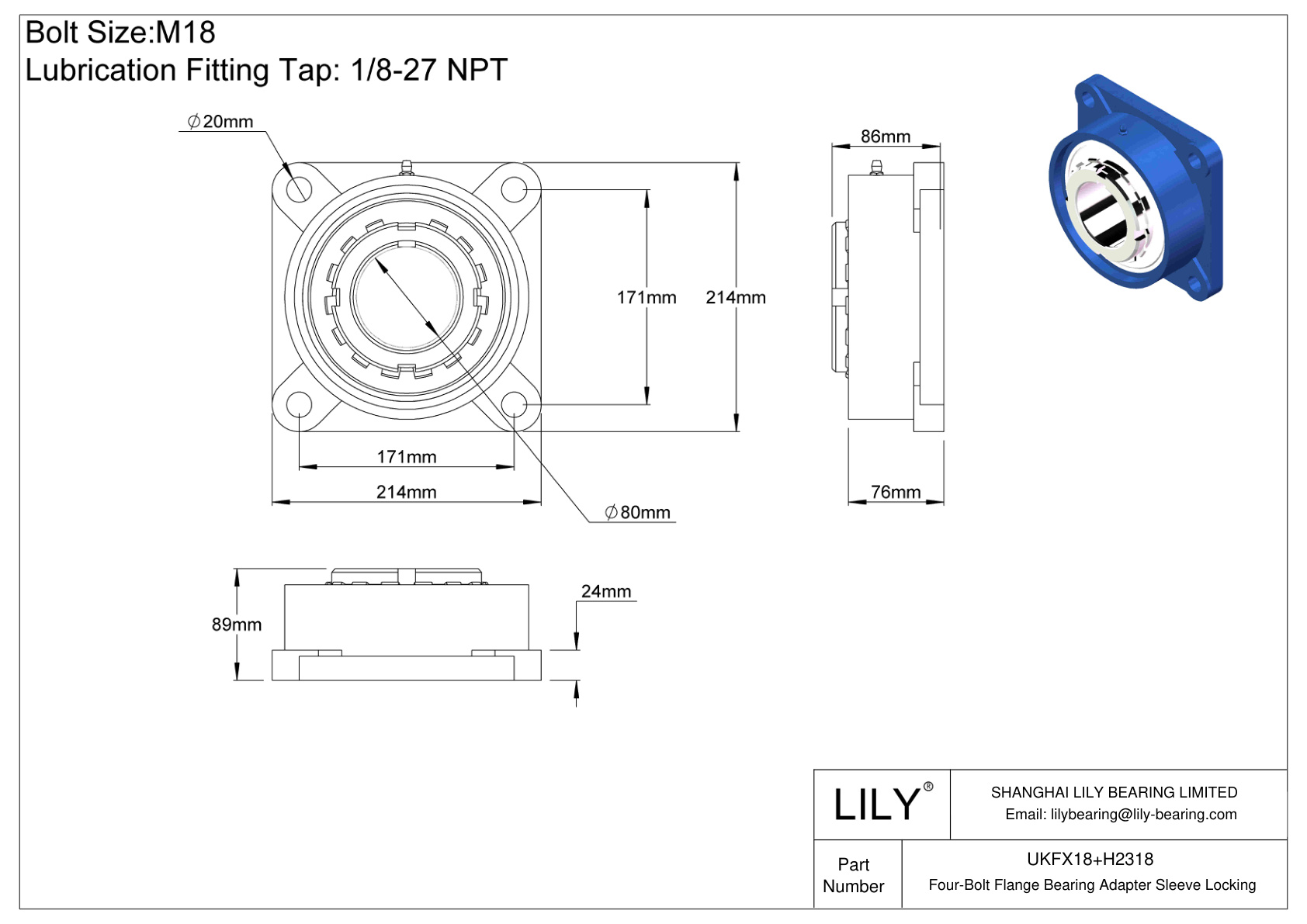 UKFX18+H2318 Four-Bolt Flange Bearing Adapter Sleeve Locking cad drawing