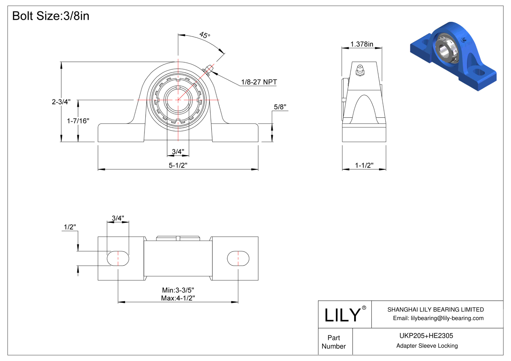 UKP205+HE2305 Manguito de fijación del adaptador de cojinete de bloque de almohadilla cad drawing