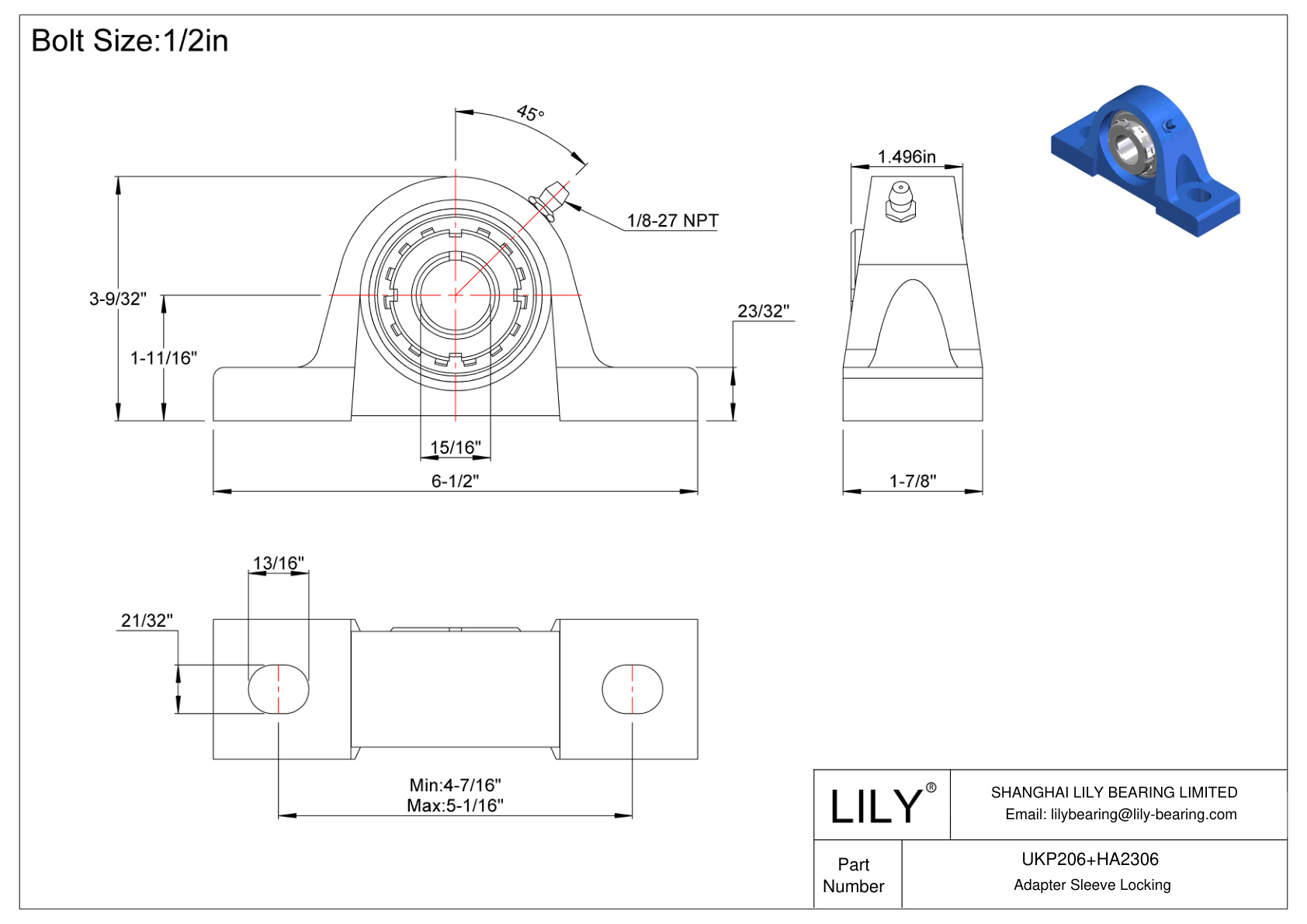 UKP206+HA2306 Pillow Block Bearing Adapter Sleeve Locking cad drawing