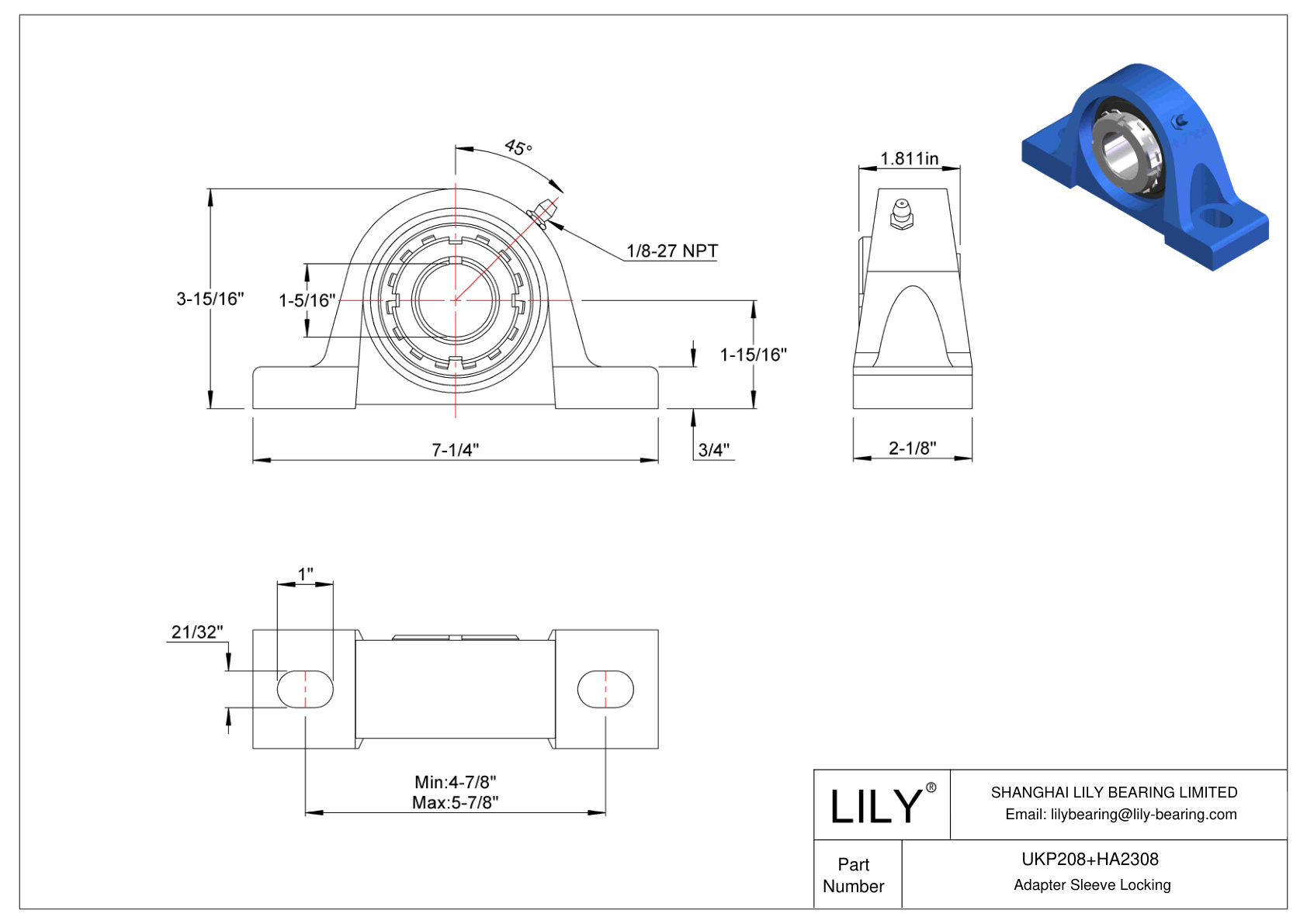 UKP208+HA2308 Pillow Block Bearing Adapter Sleeve Locking cad drawing