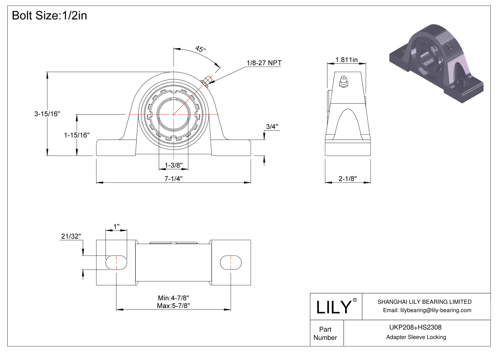 UKP208+HS2308 Pillow Block Bearing Adapter Sleeve Locking cad drawing