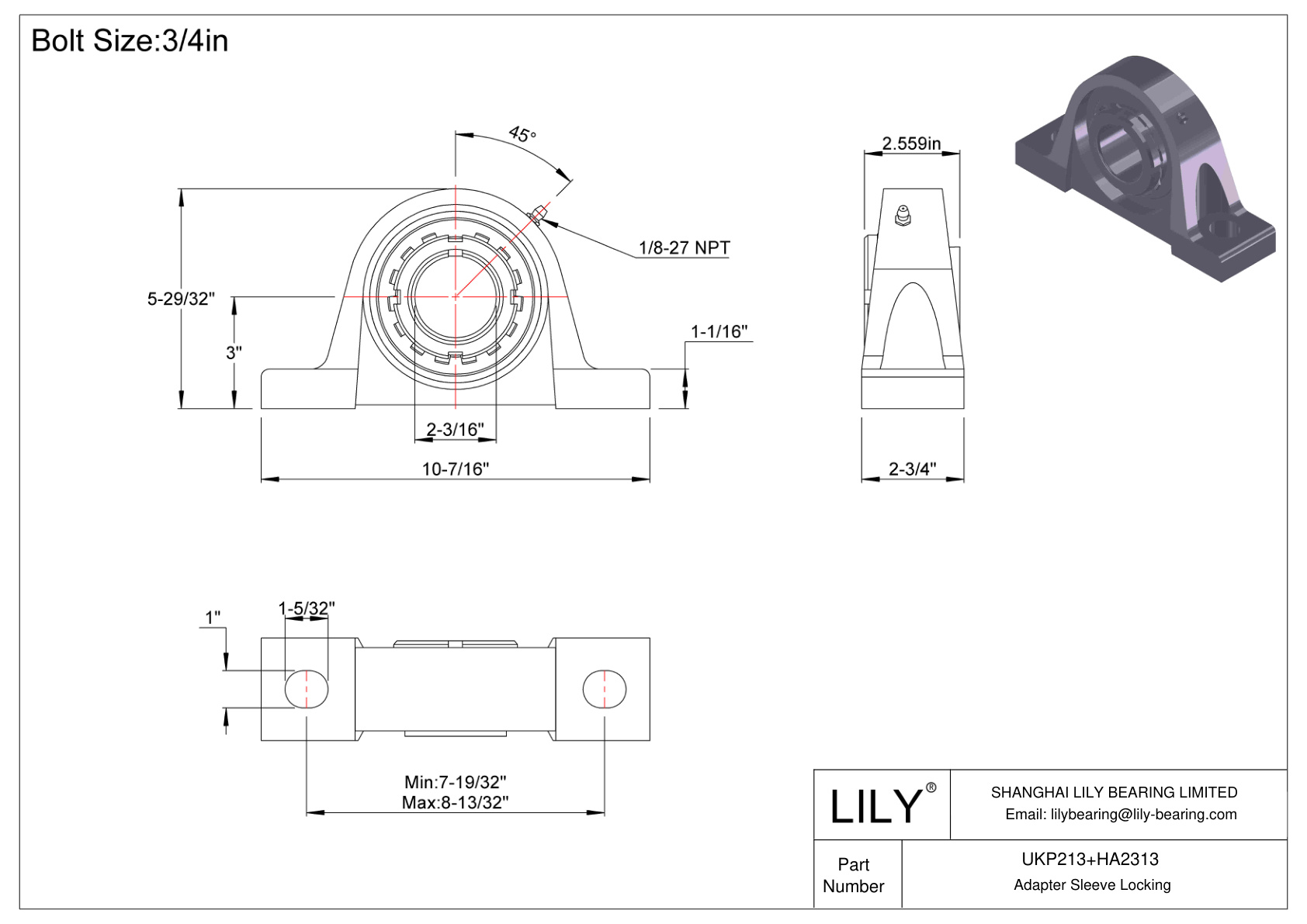 UKP213+HA2313 Pillow Block Bearing Adapter Sleeve Locking cad drawing