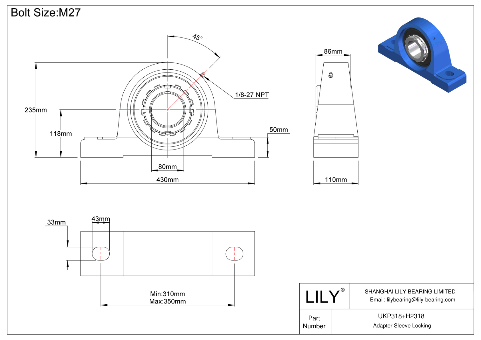 UKP318+H2318 Pillow Block Bearing Adapter Sleeve Locking cad drawing