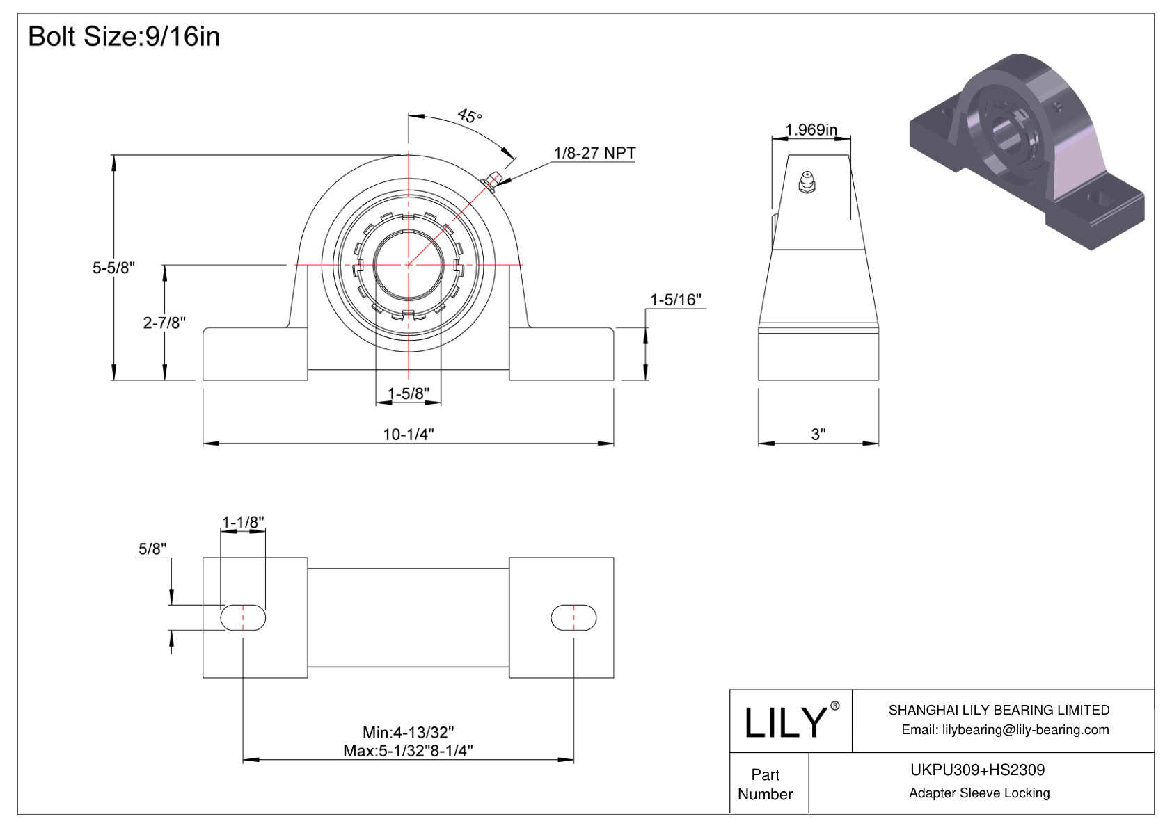 UKPU309+HS2309 Pillow Block Bearing Adapter Sleeve Locking cad drawing