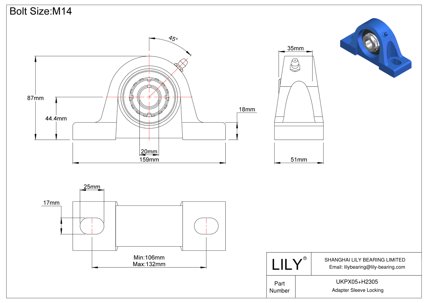 UKPX05+H2305 Pillow Block Bearing Adapter Sleeve Locking cad drawing