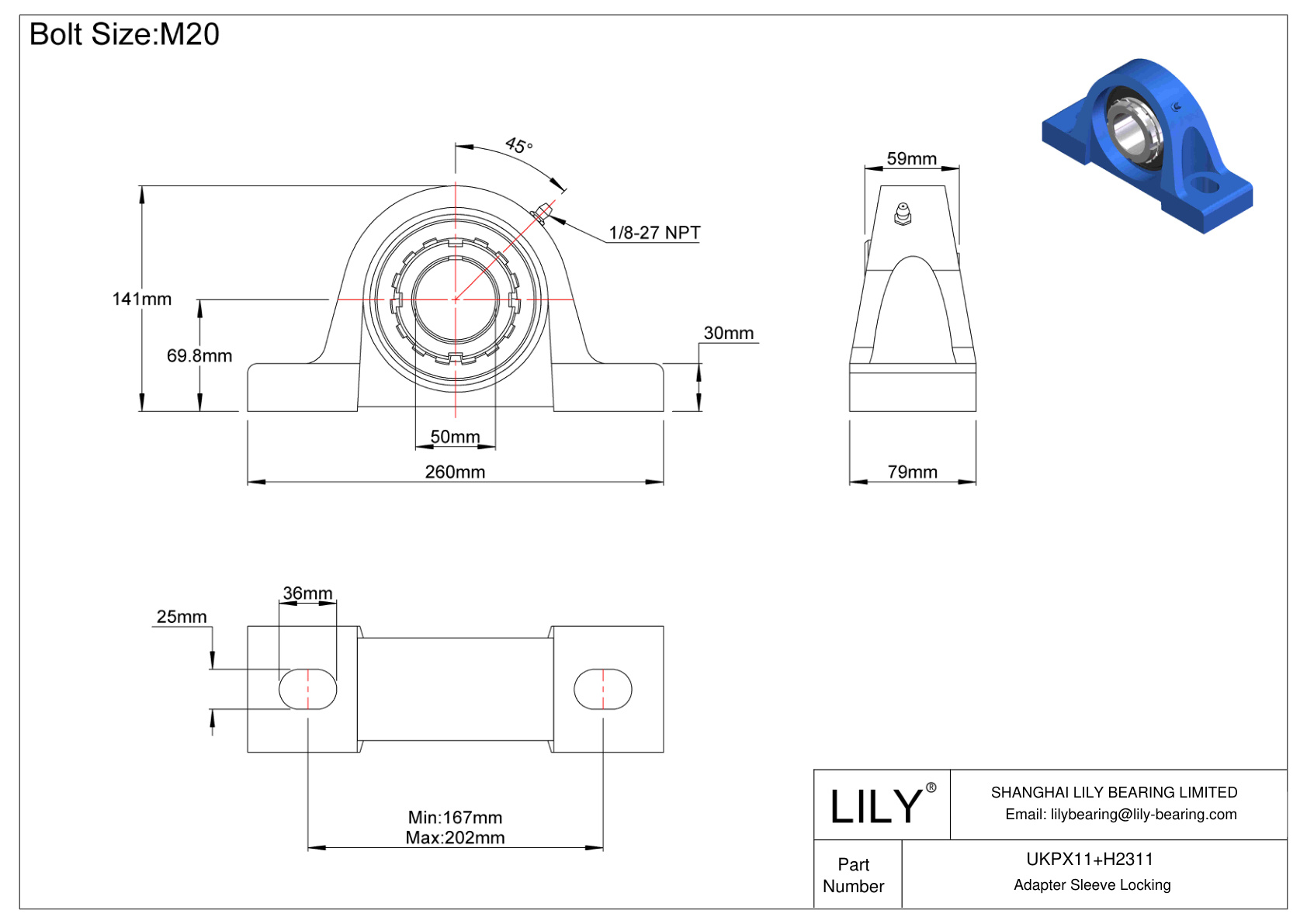 UKPX11+H2311 Pillow Block Bearing Adapter Sleeve Locking cad drawing