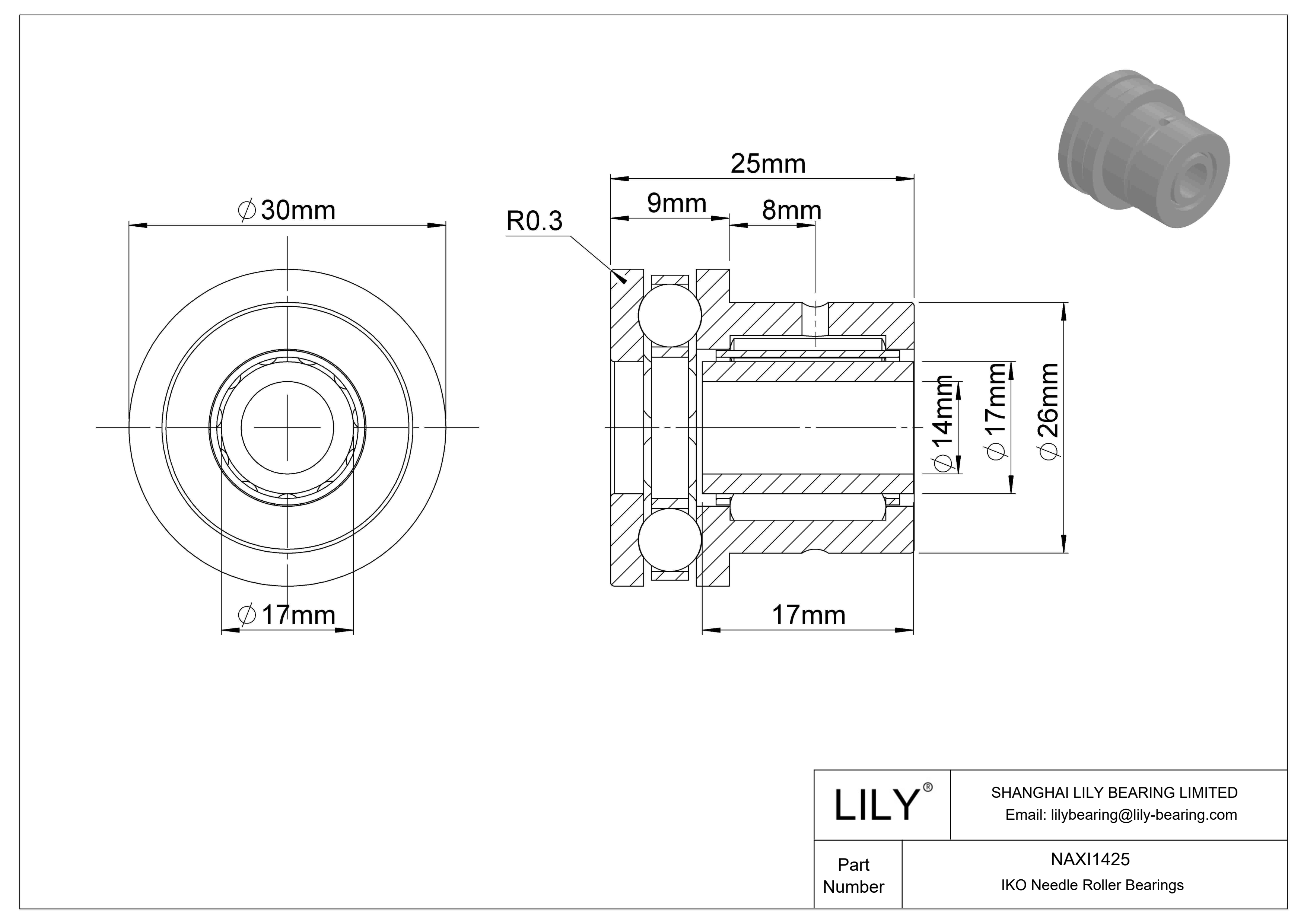 NAXI1425 Rodamientos de agujas de tipo combinado cad drawing