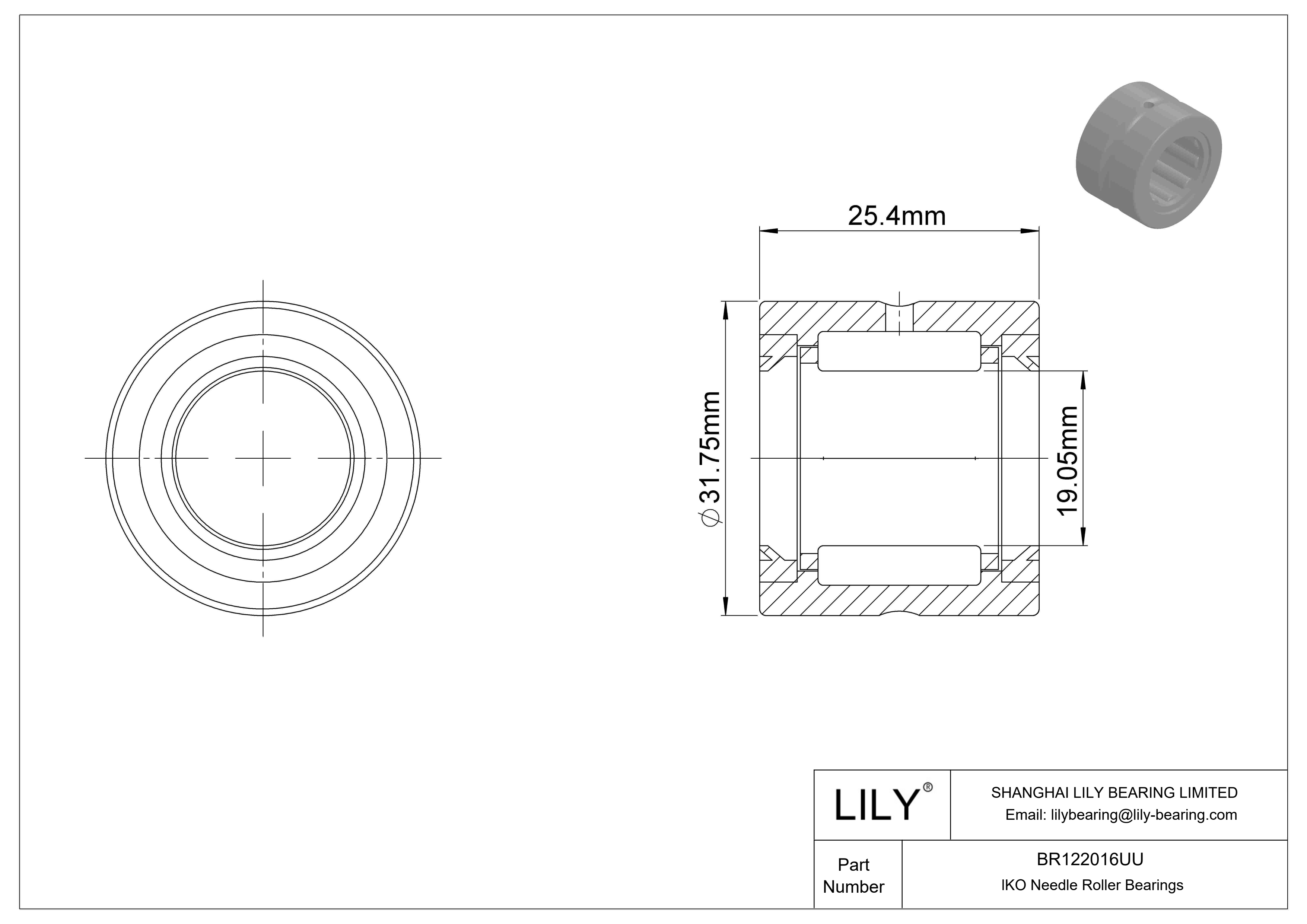 BR122016UU Machined Type Needle Roller Bearings cad drawing