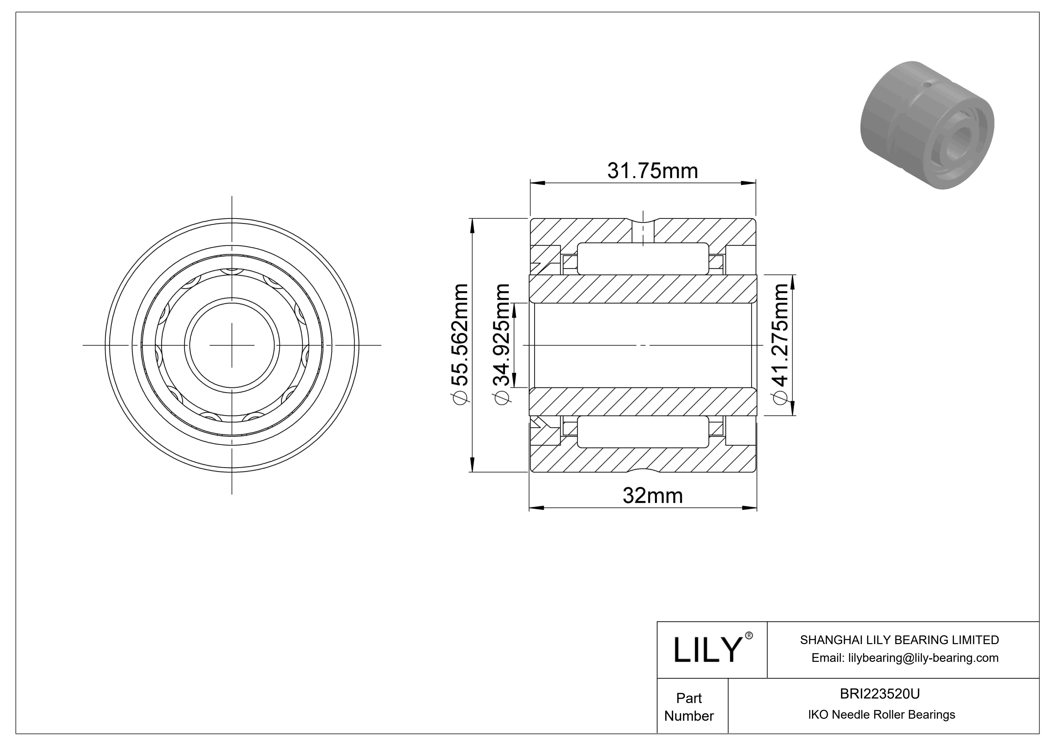 BRI223520U Machined Type Needle Roller Bearings cad drawing