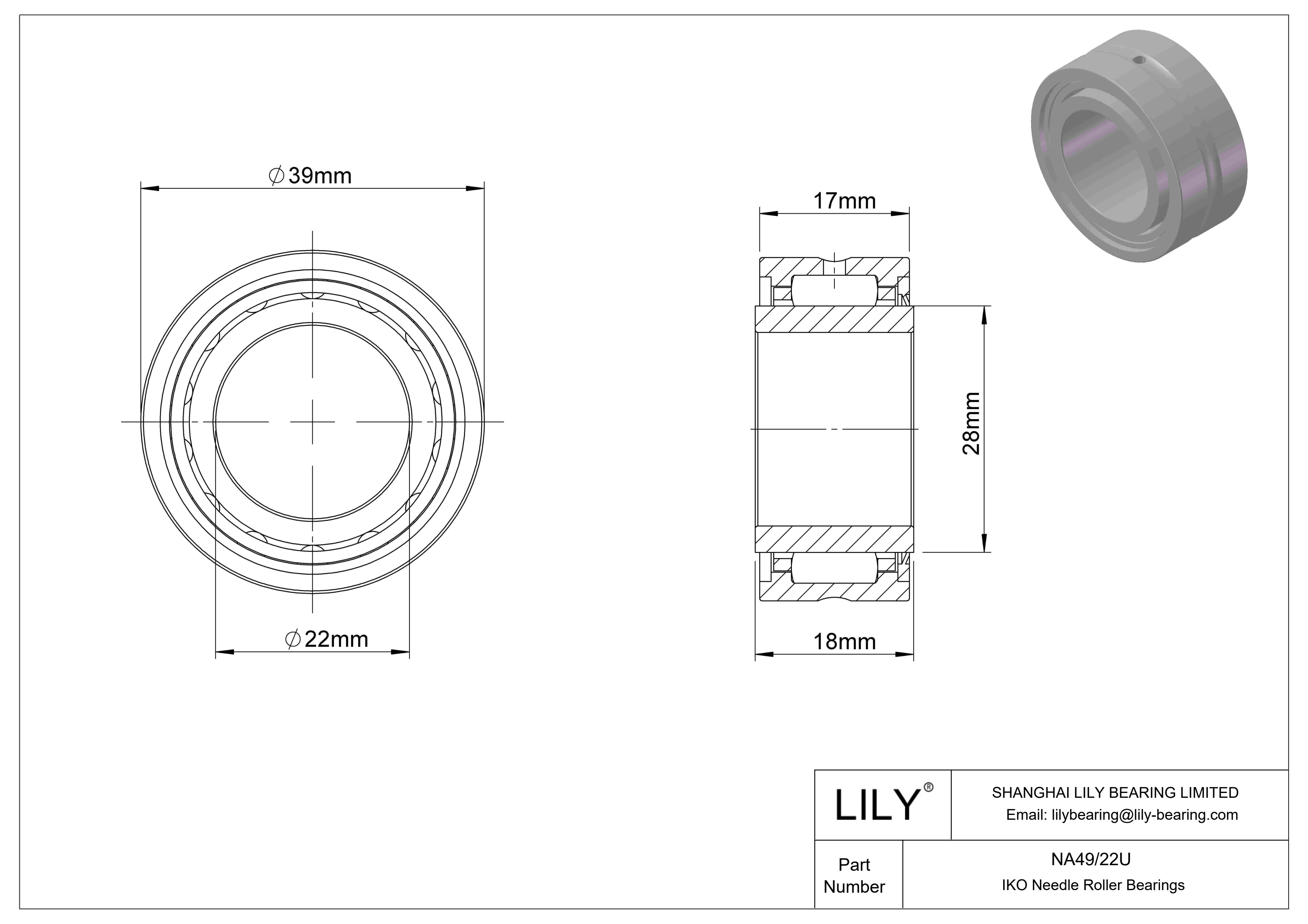 NA49/22U Machined Type Needle Roller Bearings cad drawing