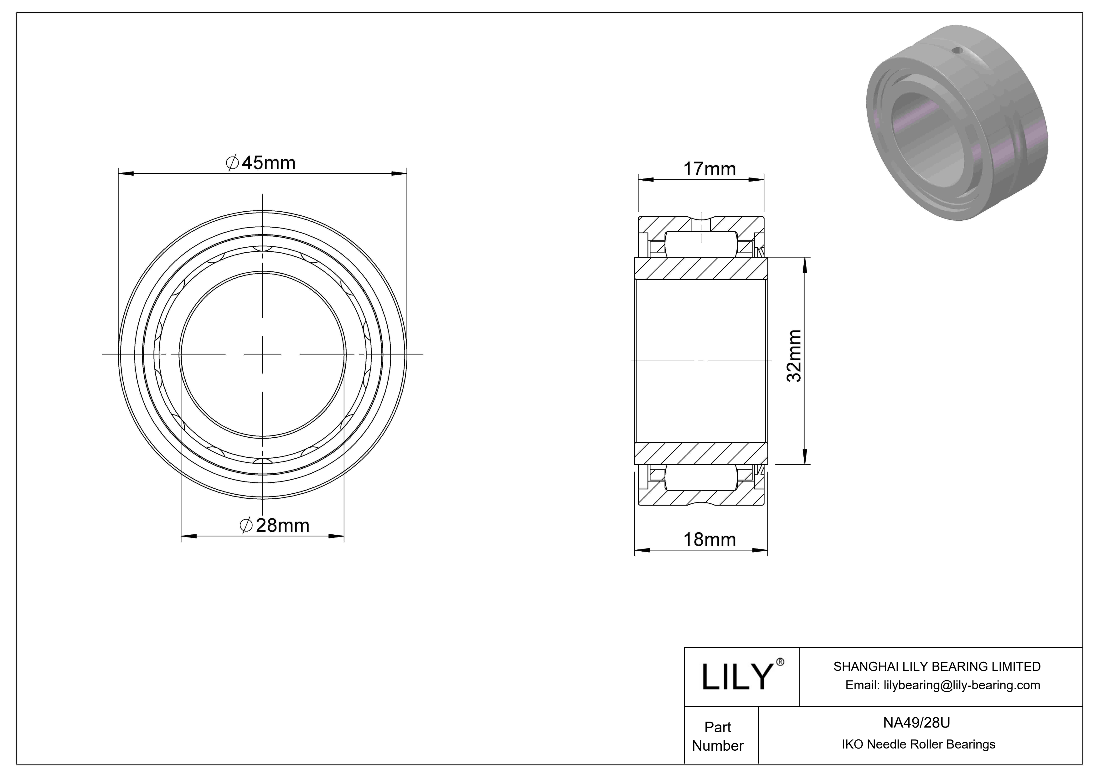 NA49/28U Machined Type Needle Roller Bearings cad drawing