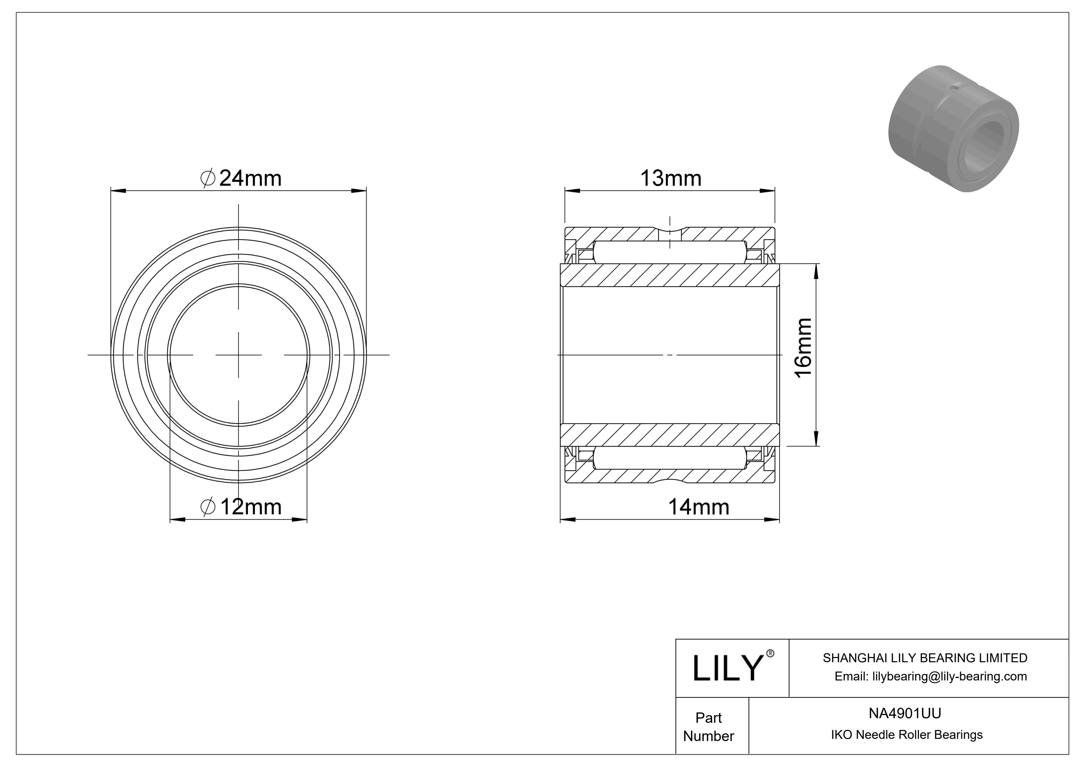 NA4901UU Machined Type Needle Roller Bearings cad drawing