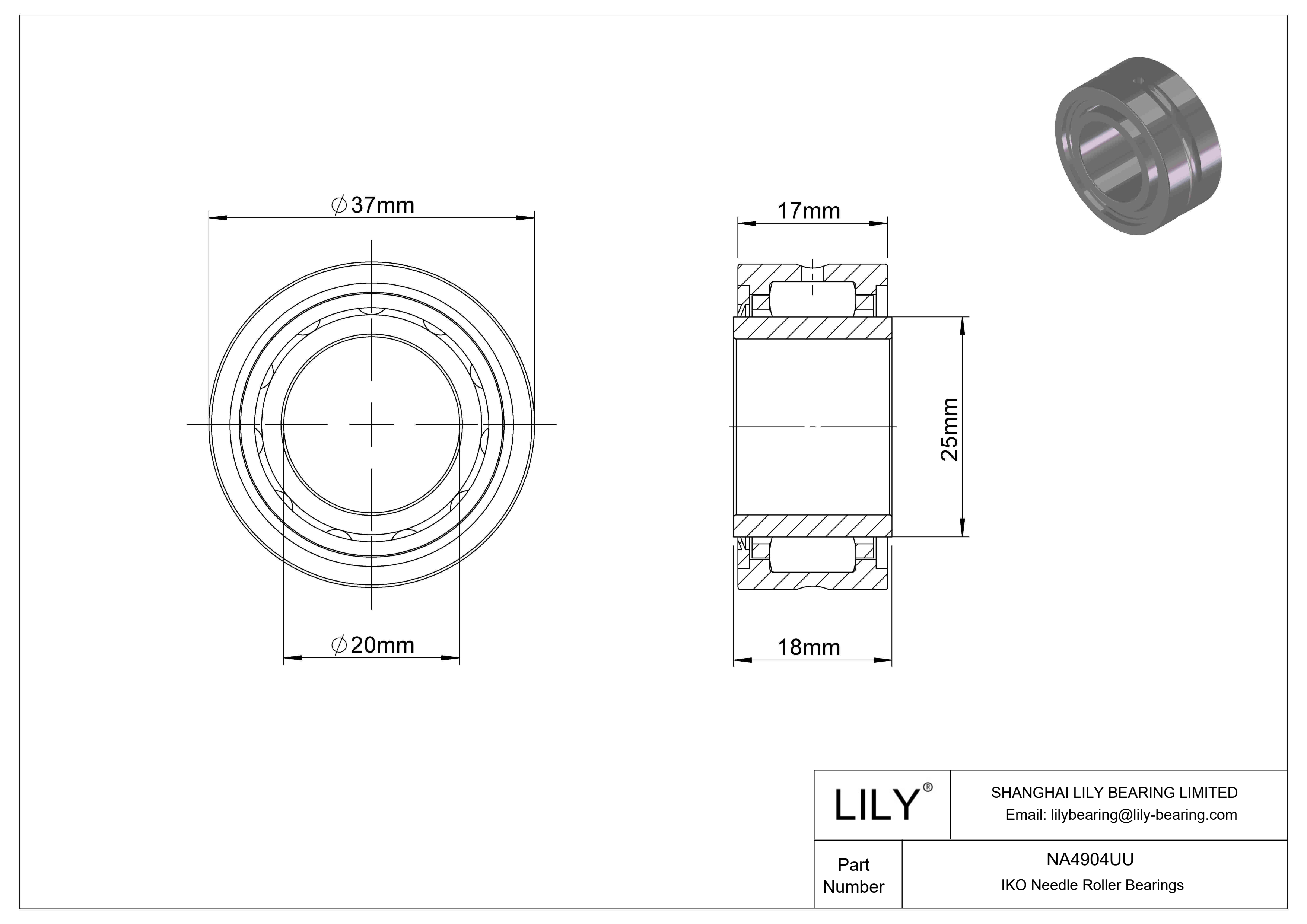 NA4904UU Machined Type Needle Roller Bearings cad drawing