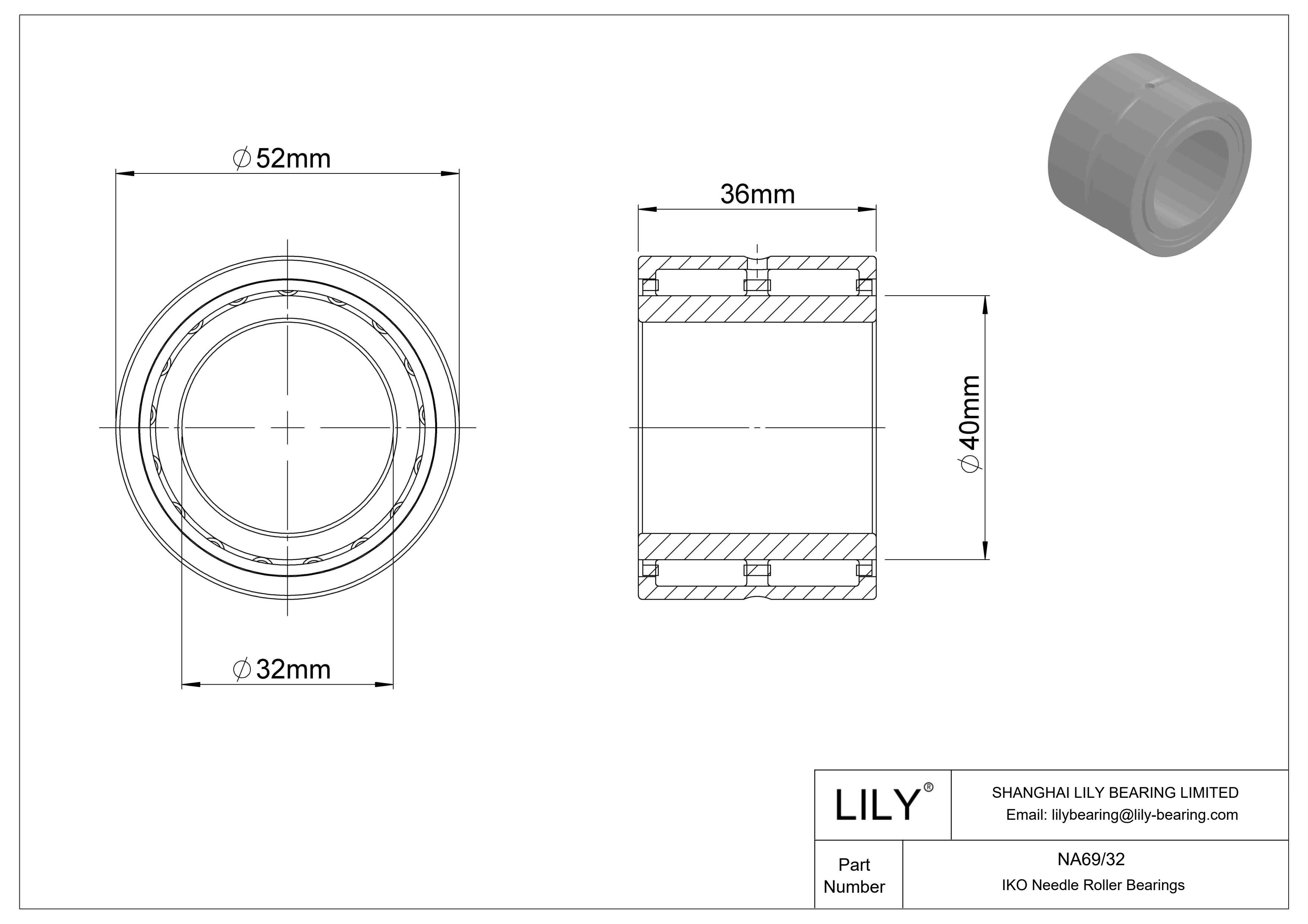 NA69/32 Machined Type Needle Roller Bearings cad drawing