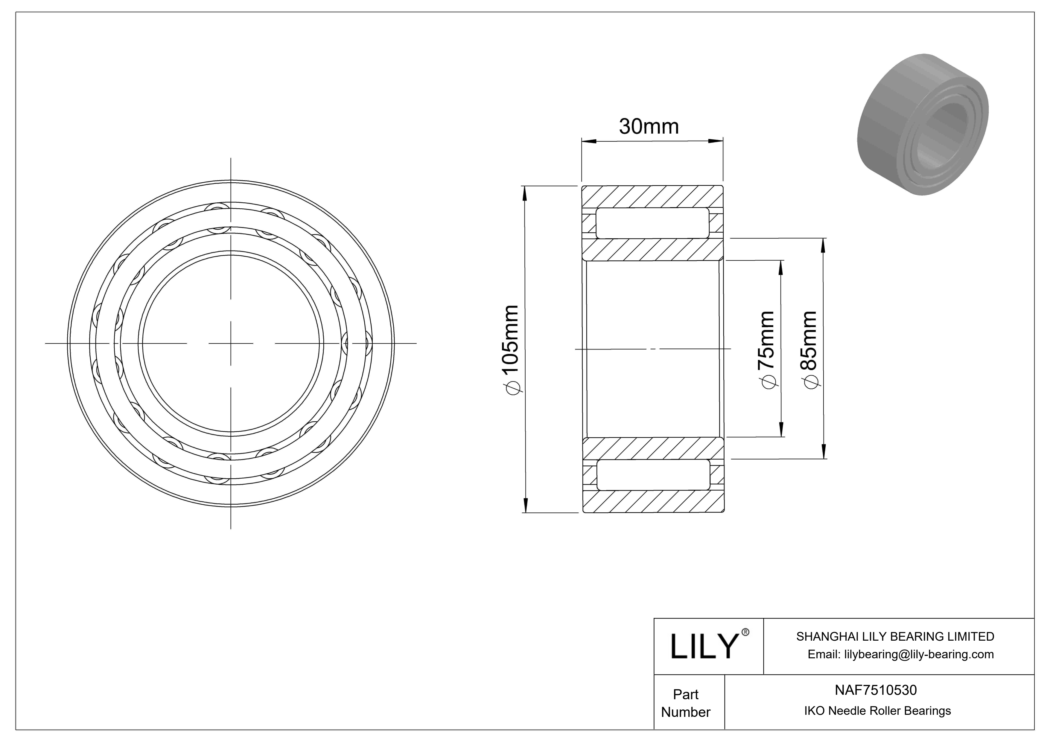 NAF7510530 Rodamientos de agujas con jaula separable cad drawing