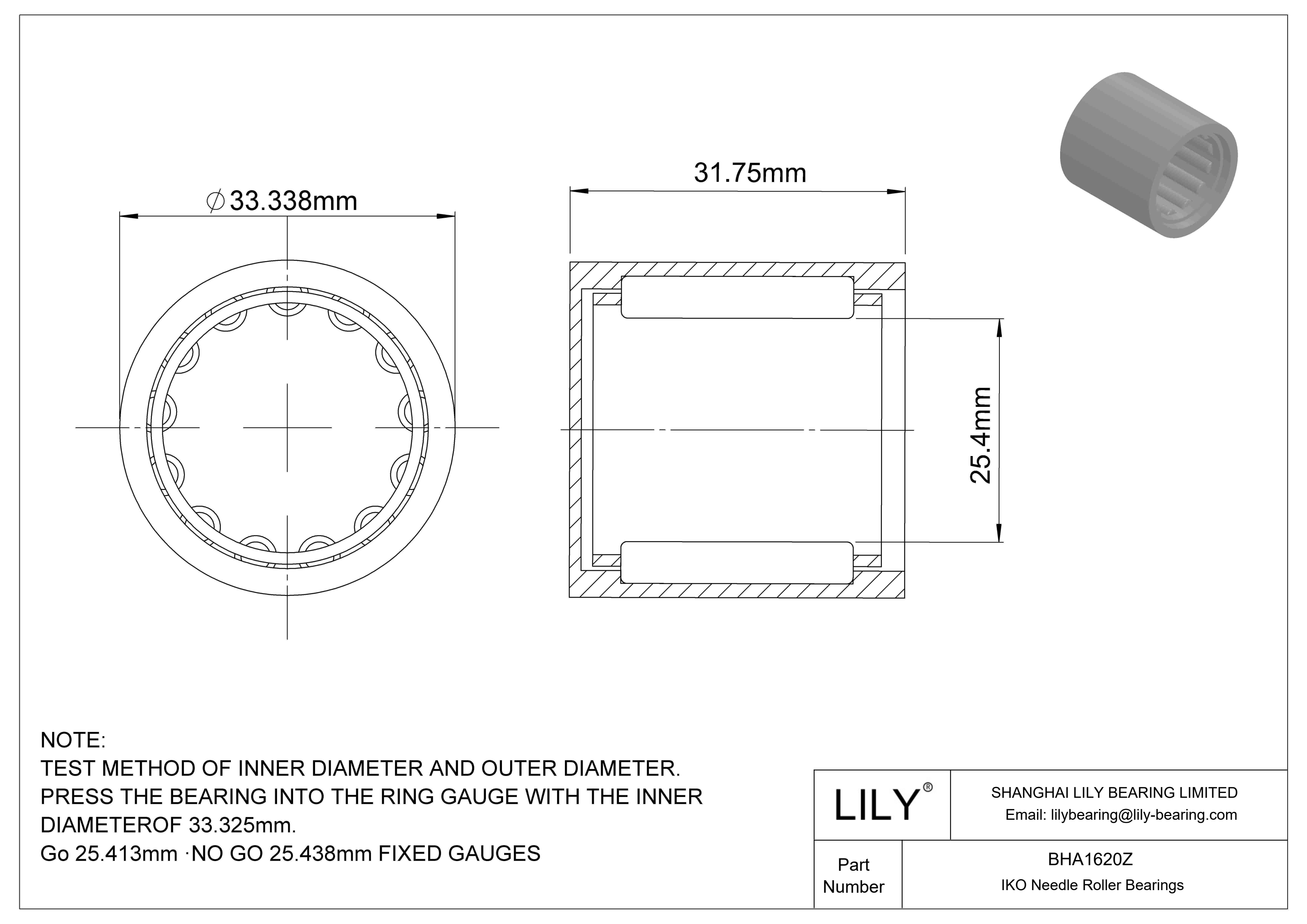 BHA1620Z Shell Type Needle Roller Bearings cad drawing