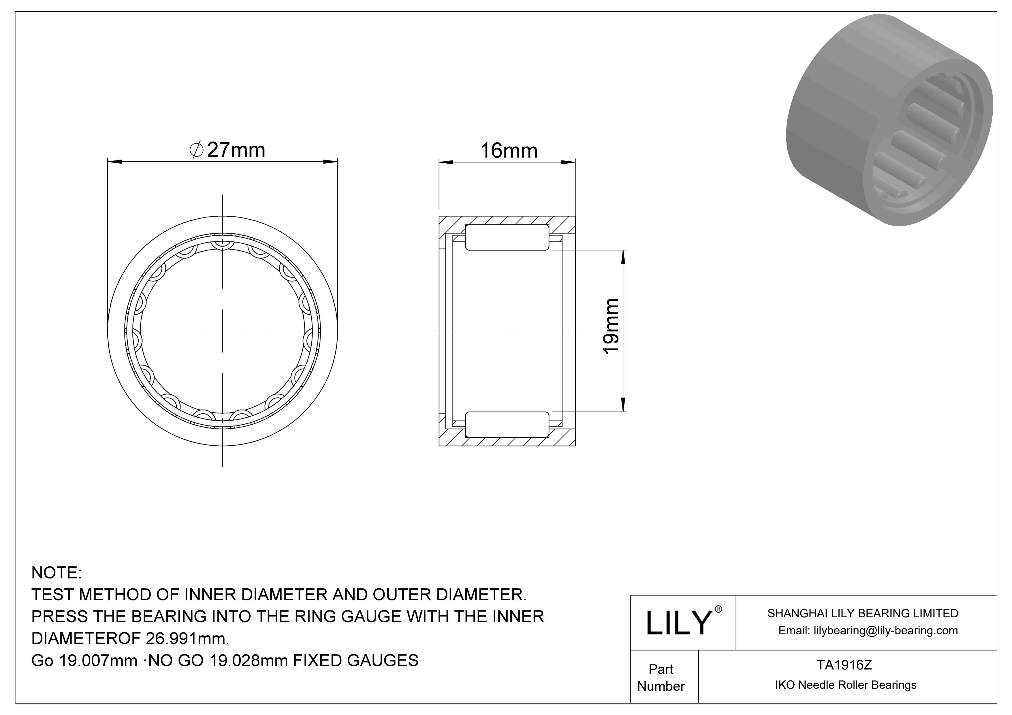 TA1916Z Shell Type Needle Roller Bearings cad drawing