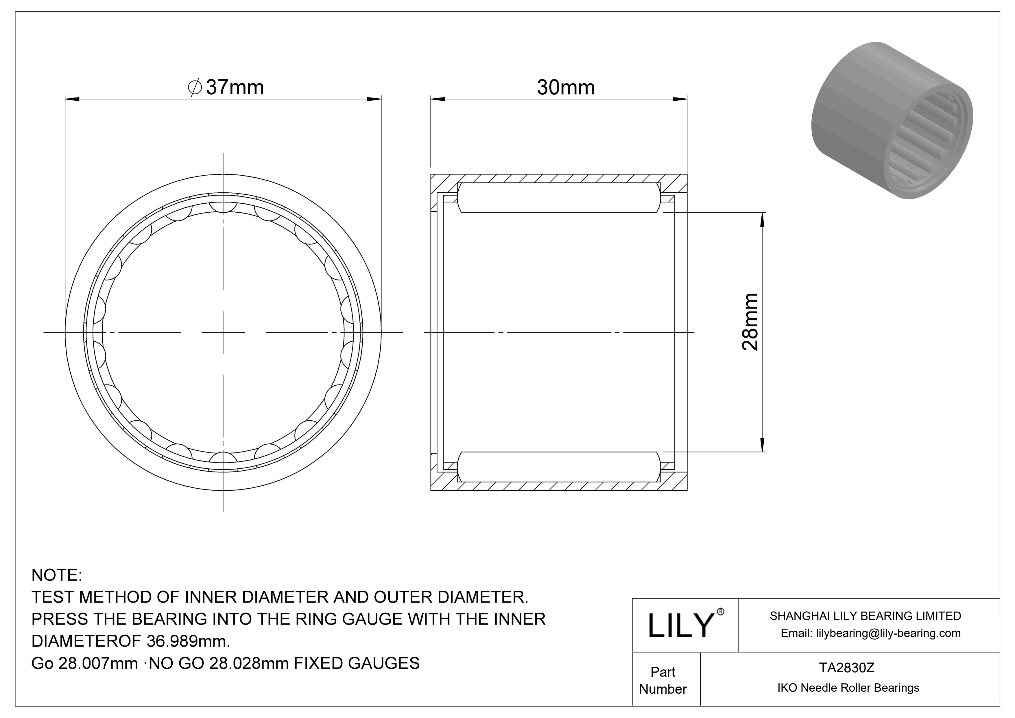 TA2830Z Shell Type Needle Roller Bearings cad drawing