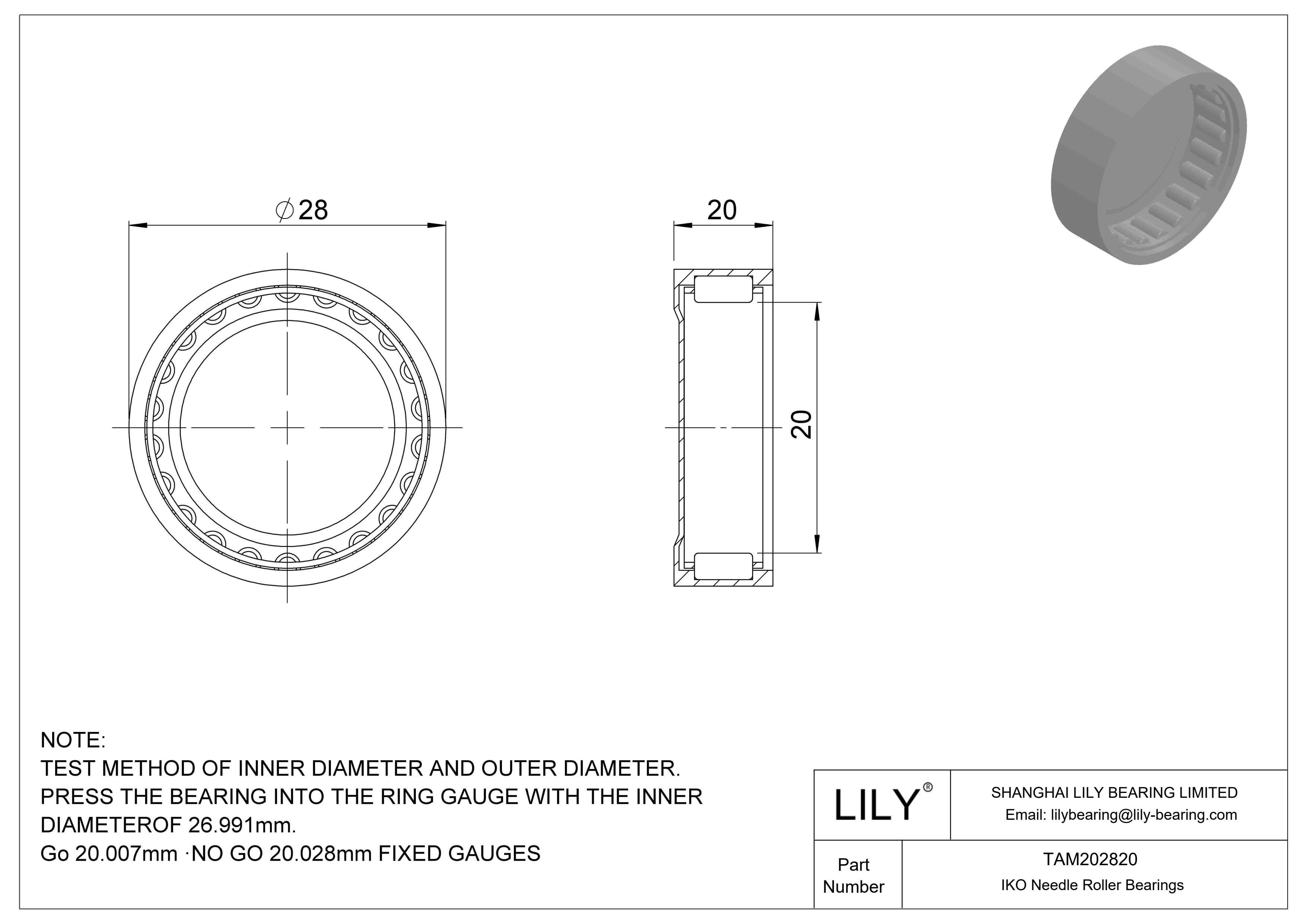 TAM202820 Shell Type Needle Roller Bearings cad drawing