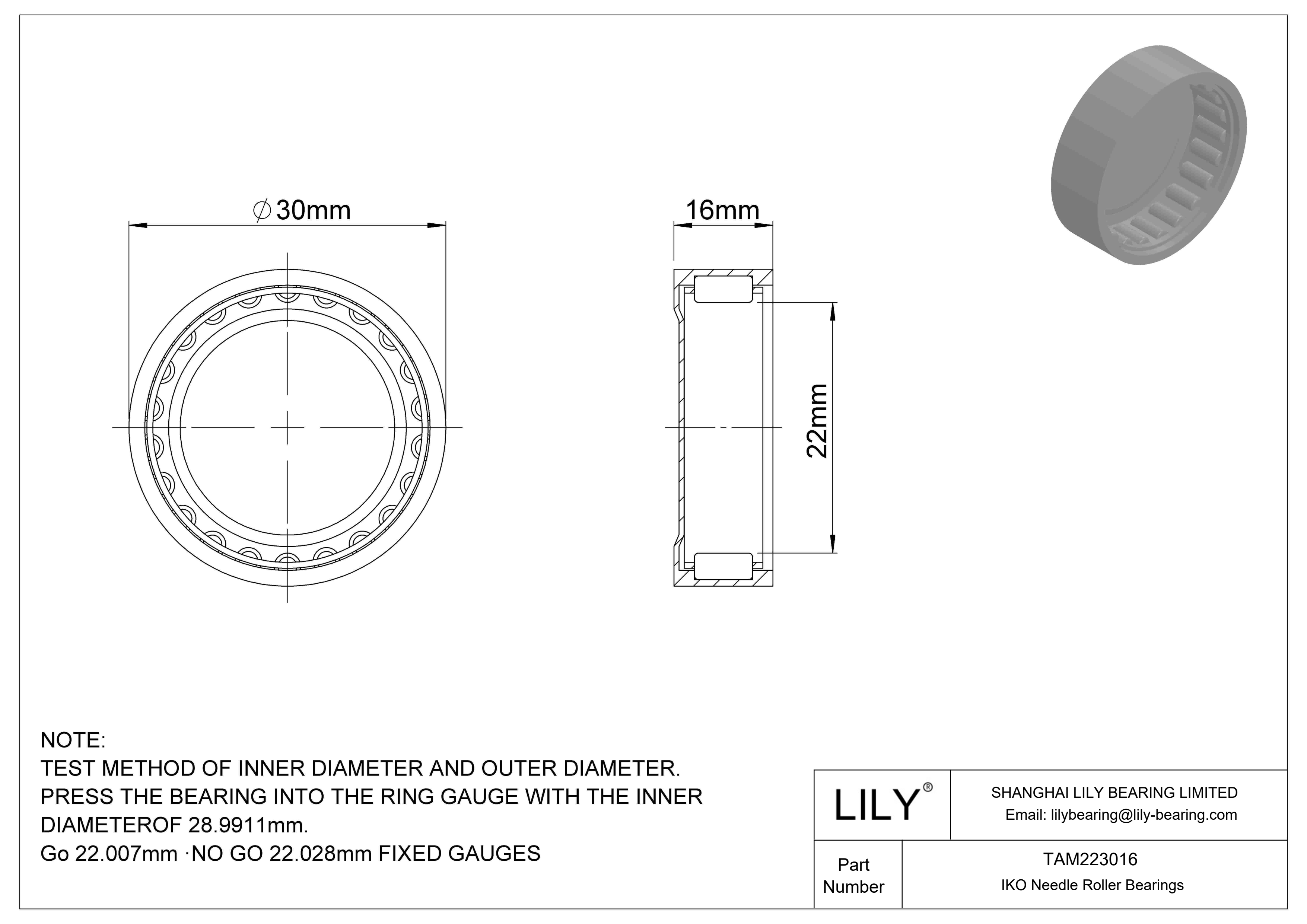 TAM223016 Shell Type Needle Roller Bearings cad drawing