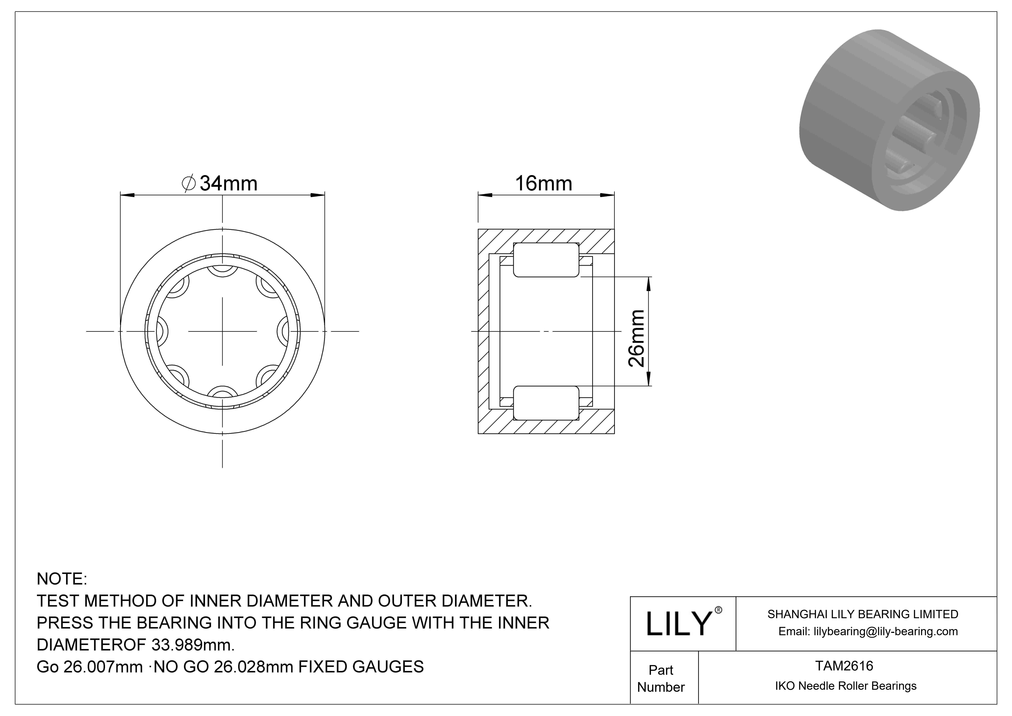 TAM2616 Shell Type Needle Roller Bearings cad drawing