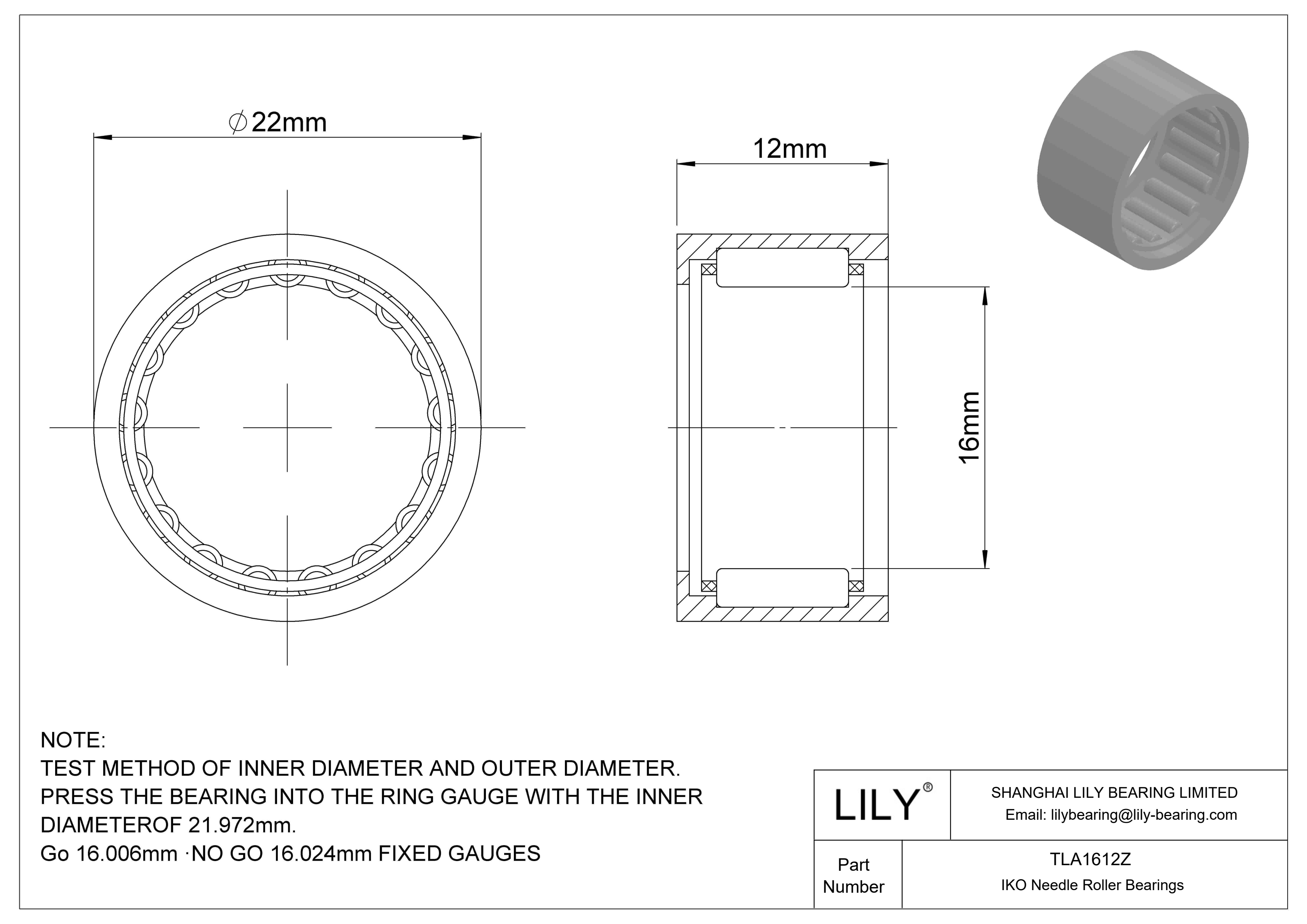 TLA1612Z Shell Type Needle Roller Bearings cad drawing