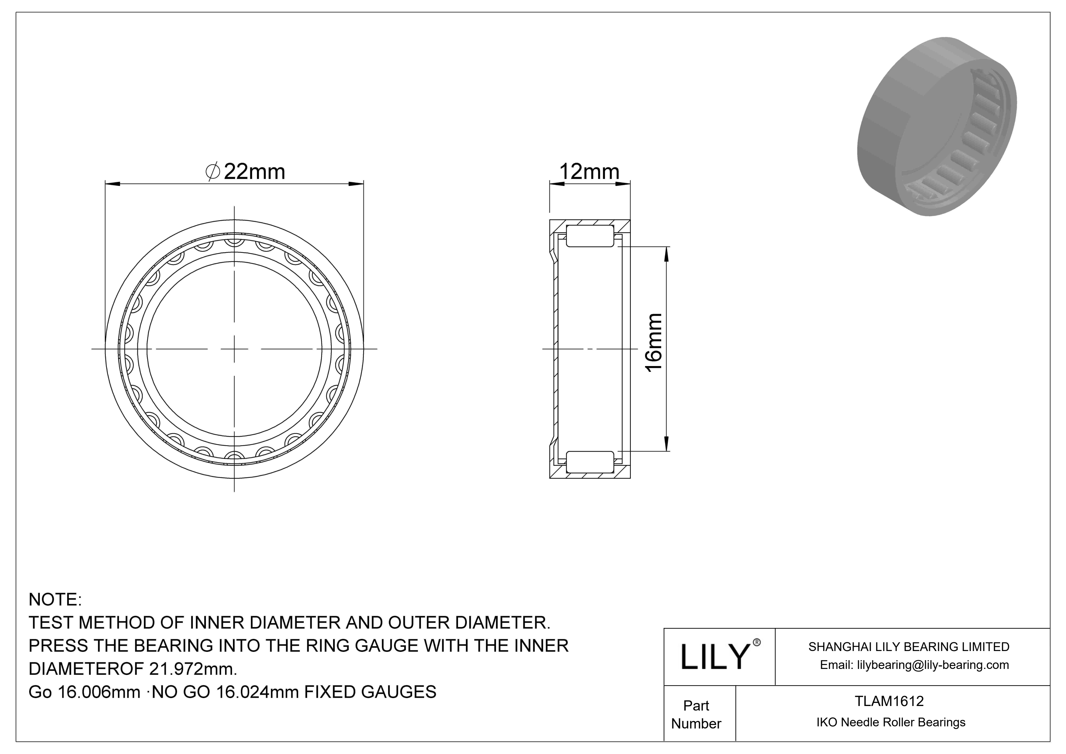 TLAM1612 Shell Type Needle Roller Bearings cad drawing