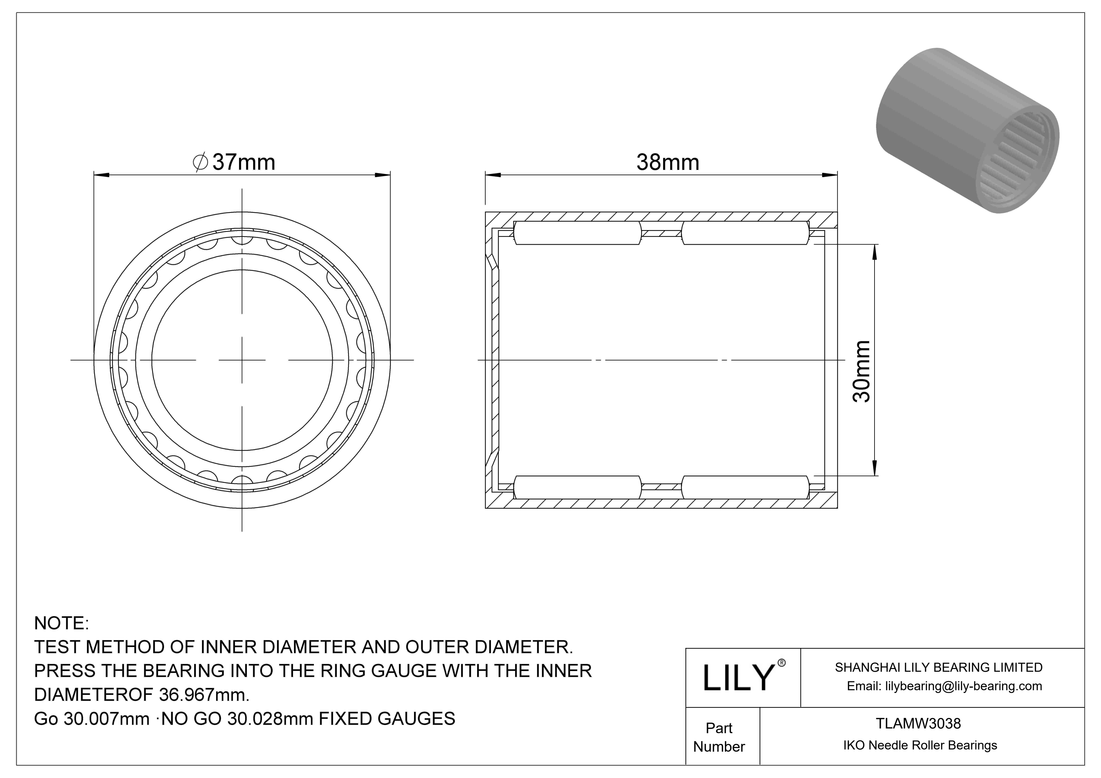 TLAMW3038 Shell Type Needle Roller Bearings cad drawing