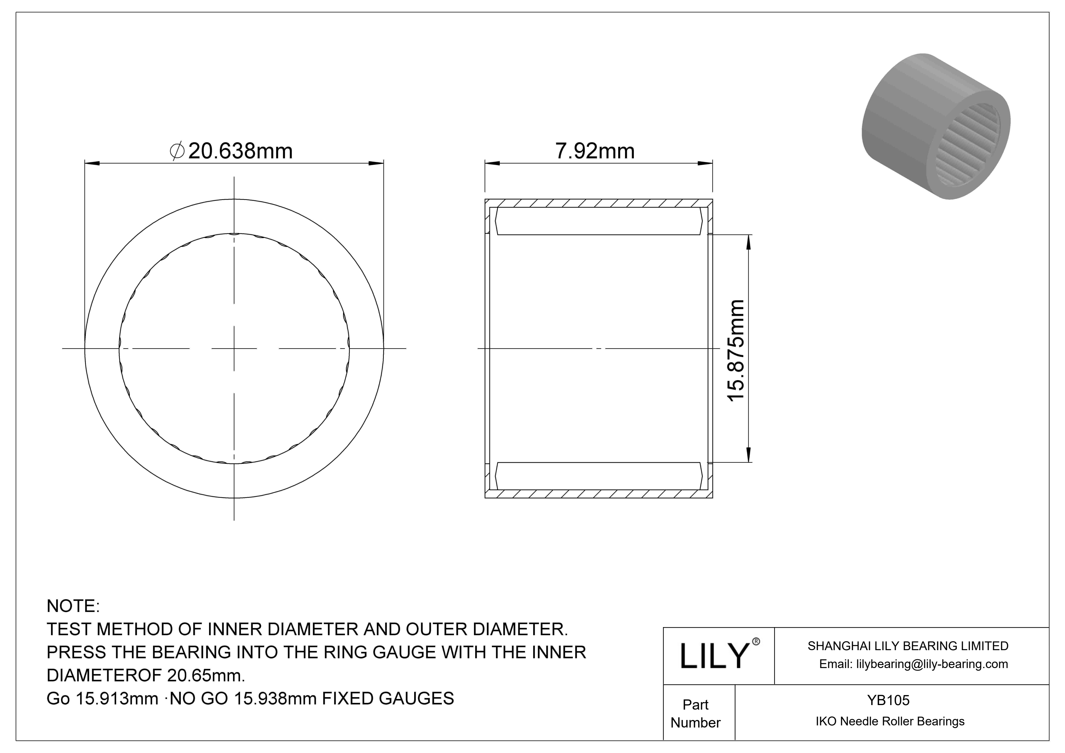 YB105 Shell Type Needle Roller Bearings cad drawing