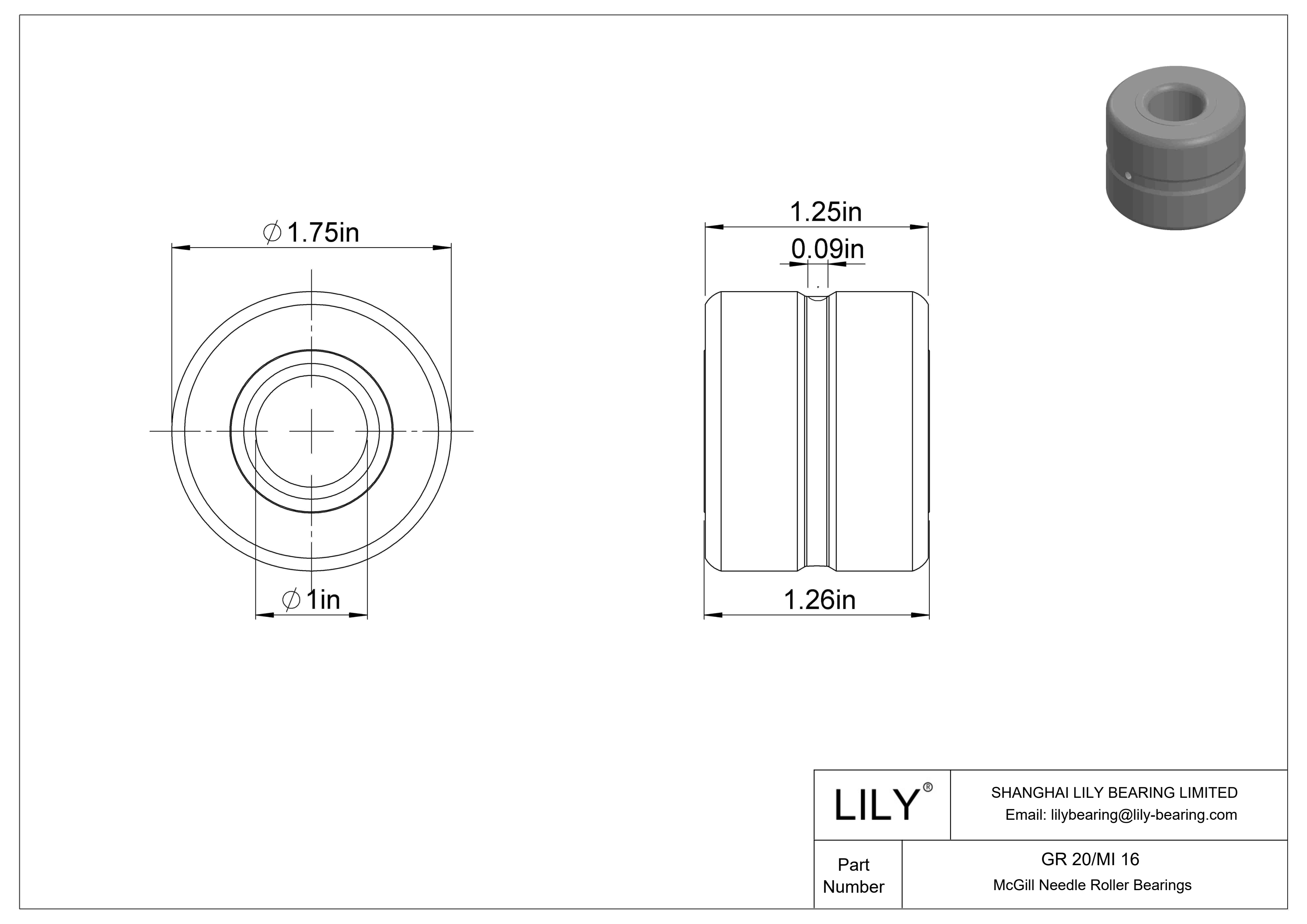 GR 20/MI 16 McGill Needle Roller Bearings cad drawing