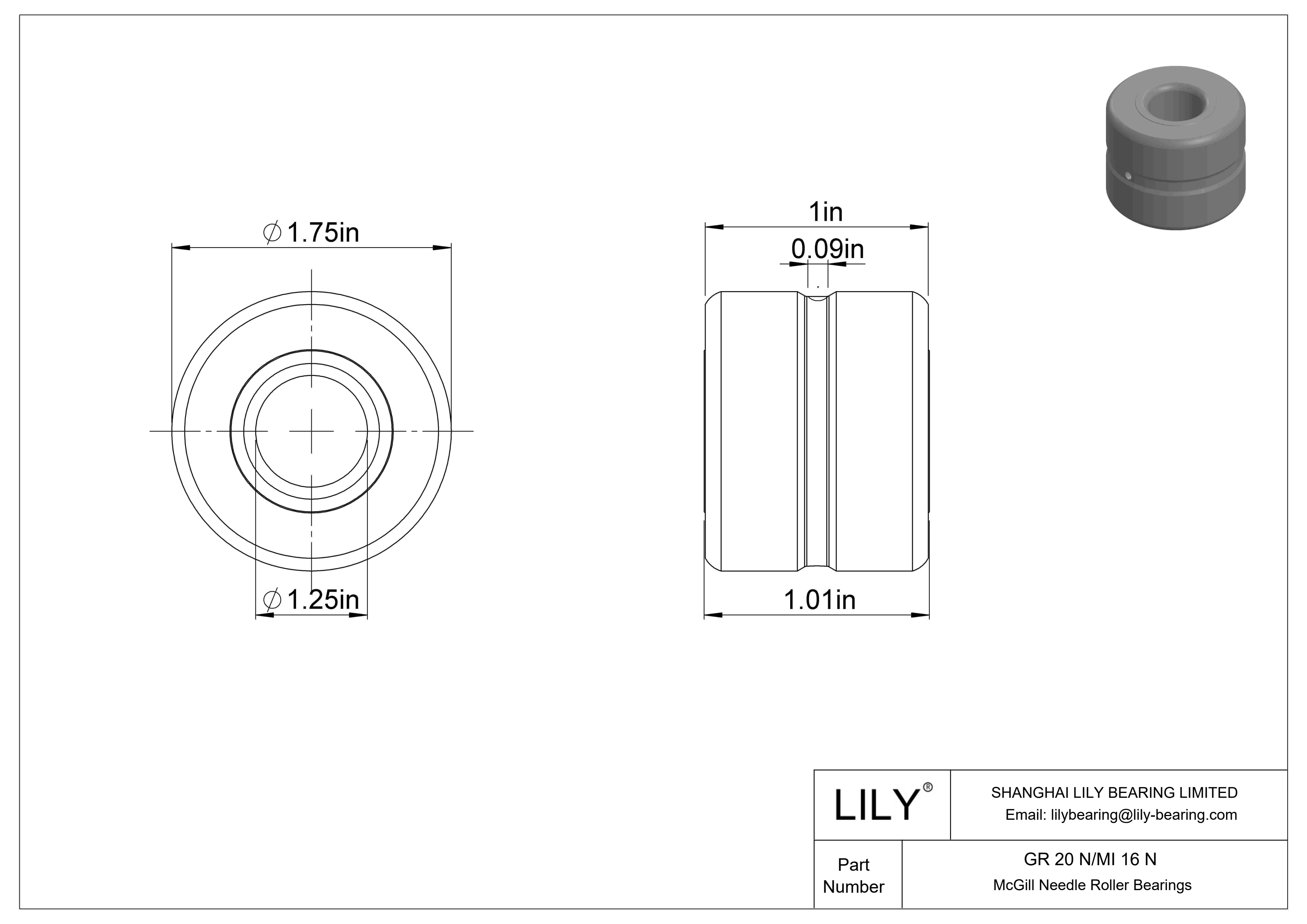 GR 20 N/MI 16 N McGill Needle Roller Bearings cad drawing