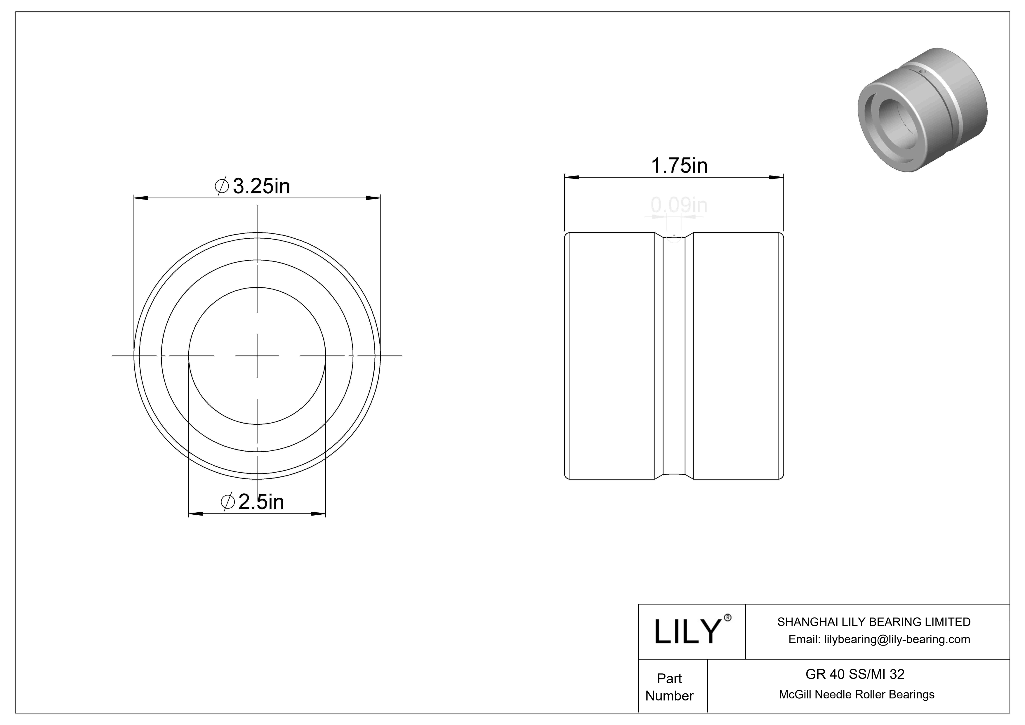 GR 40 SS/MI 32 McGill Needle Roller Bearings cad drawing