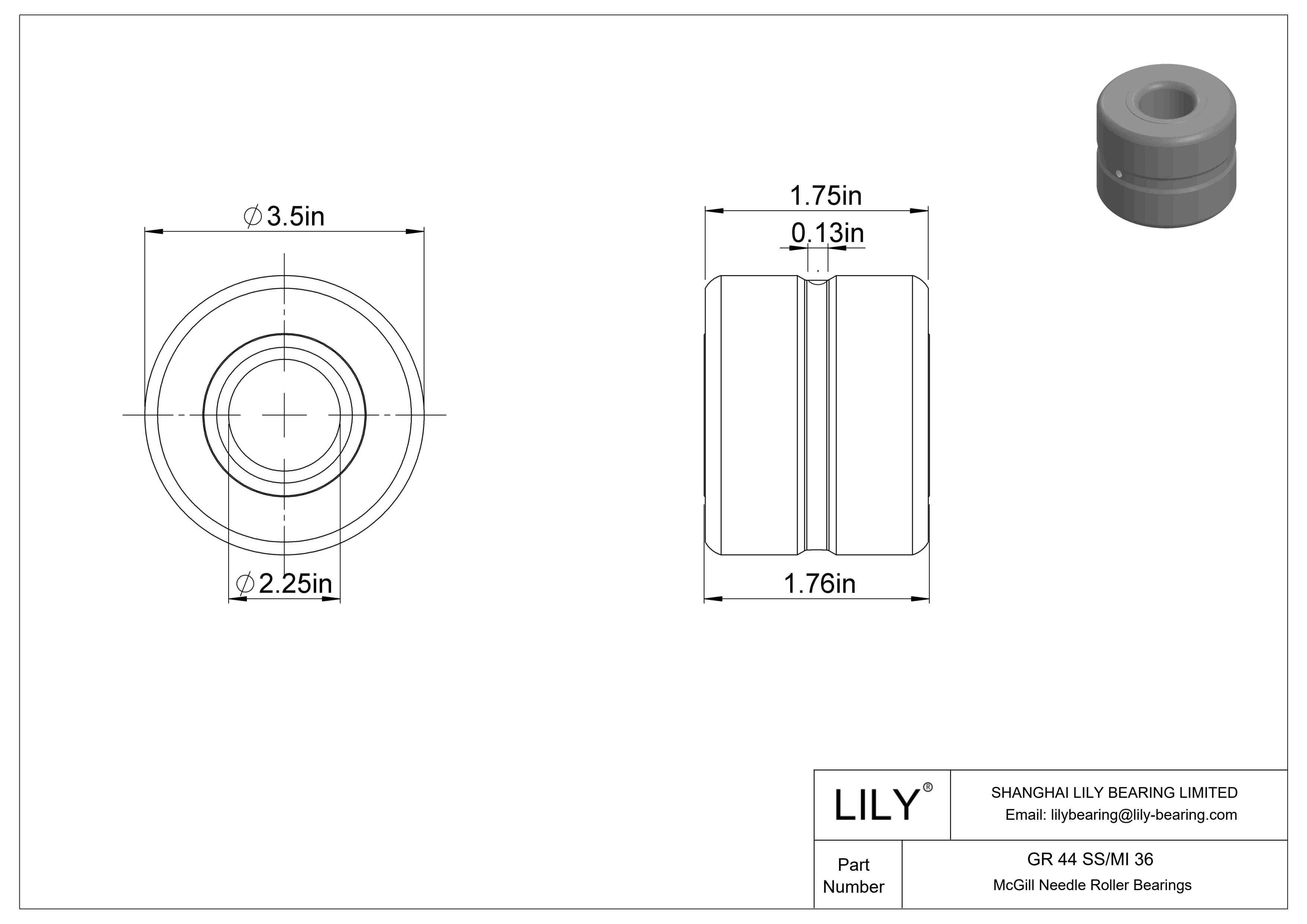 GR 44 SS/MI 36 McGill Needle Roller Bearings cad drawing