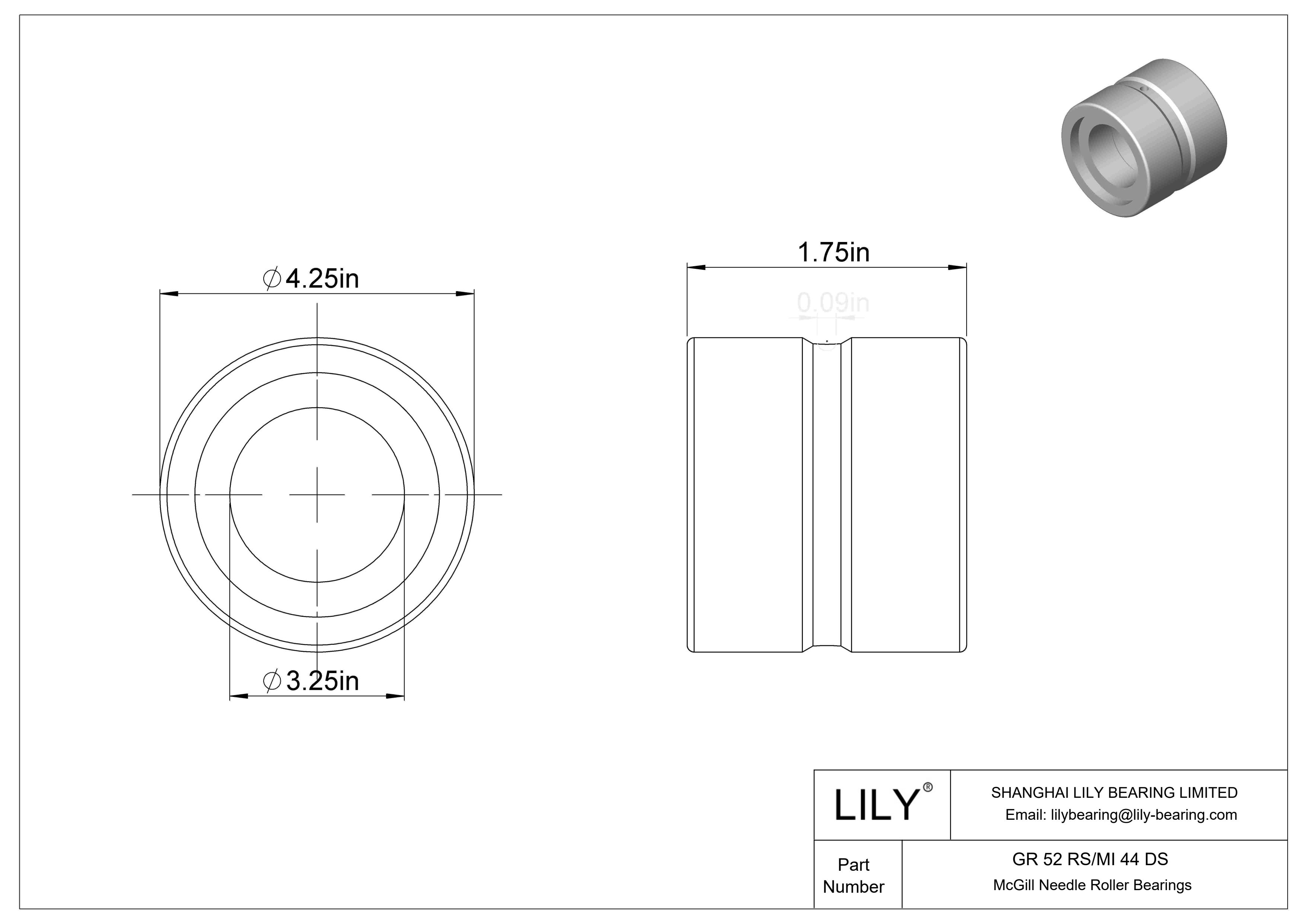 GR 52 RS/MI 44 DS McGill Needle Roller Bearings cad drawing