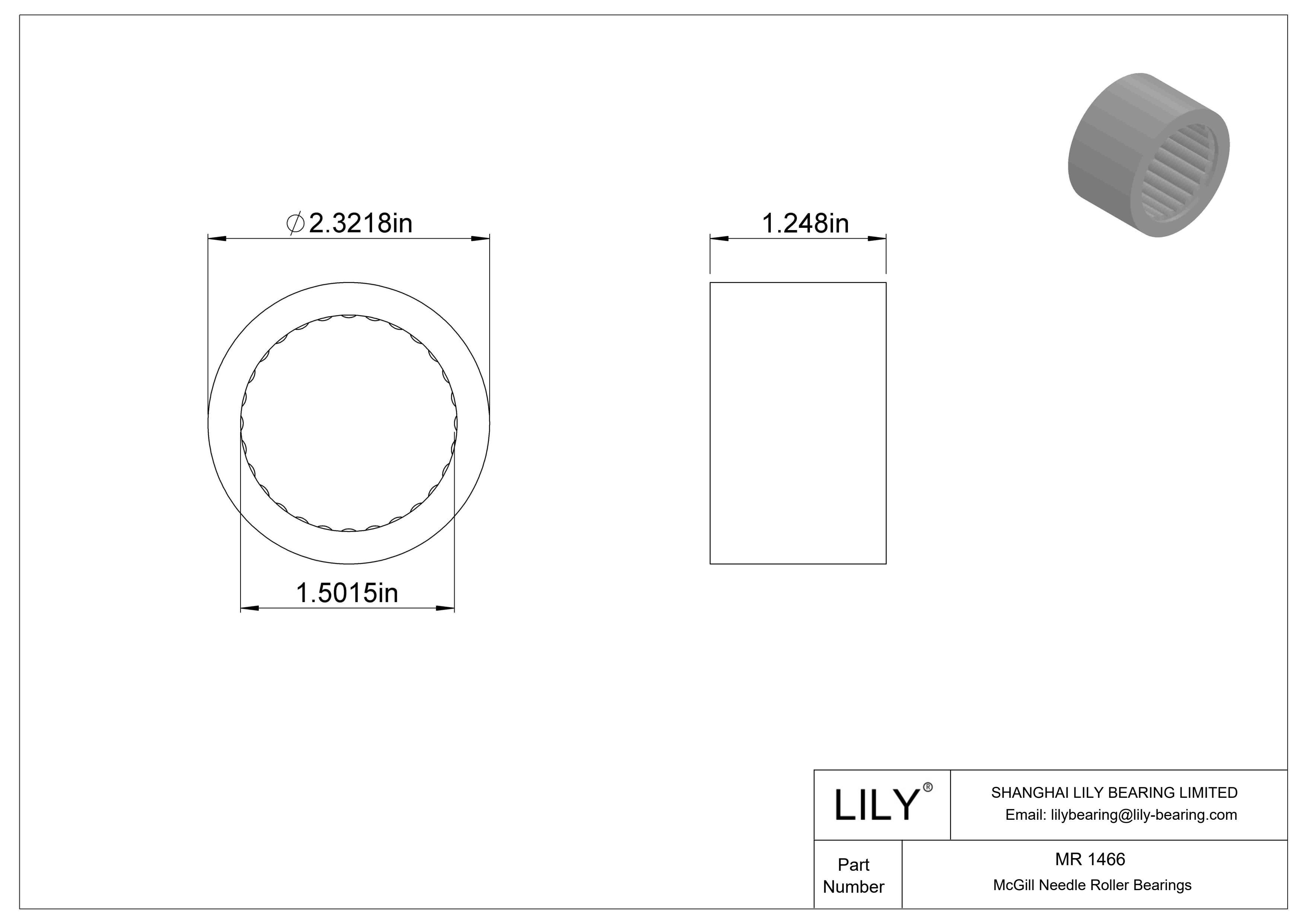 MR 1466 McGill Needle Roller Bearings cad drawing