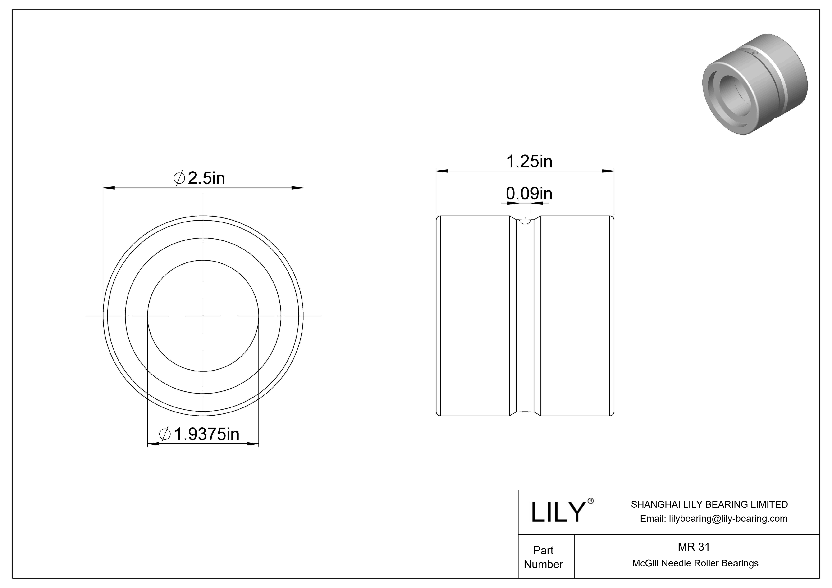 MR 31 McGill Needle Roller Bearings cad drawing