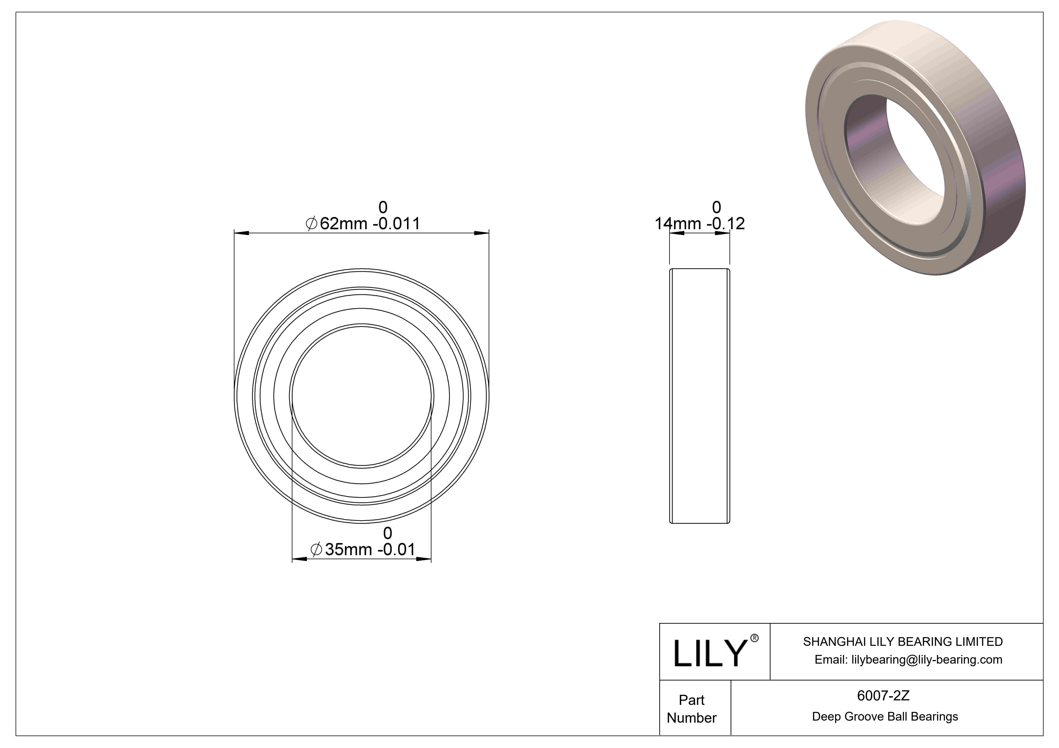 6007ZZ General Deep Groove Ball Bearing cad drawing