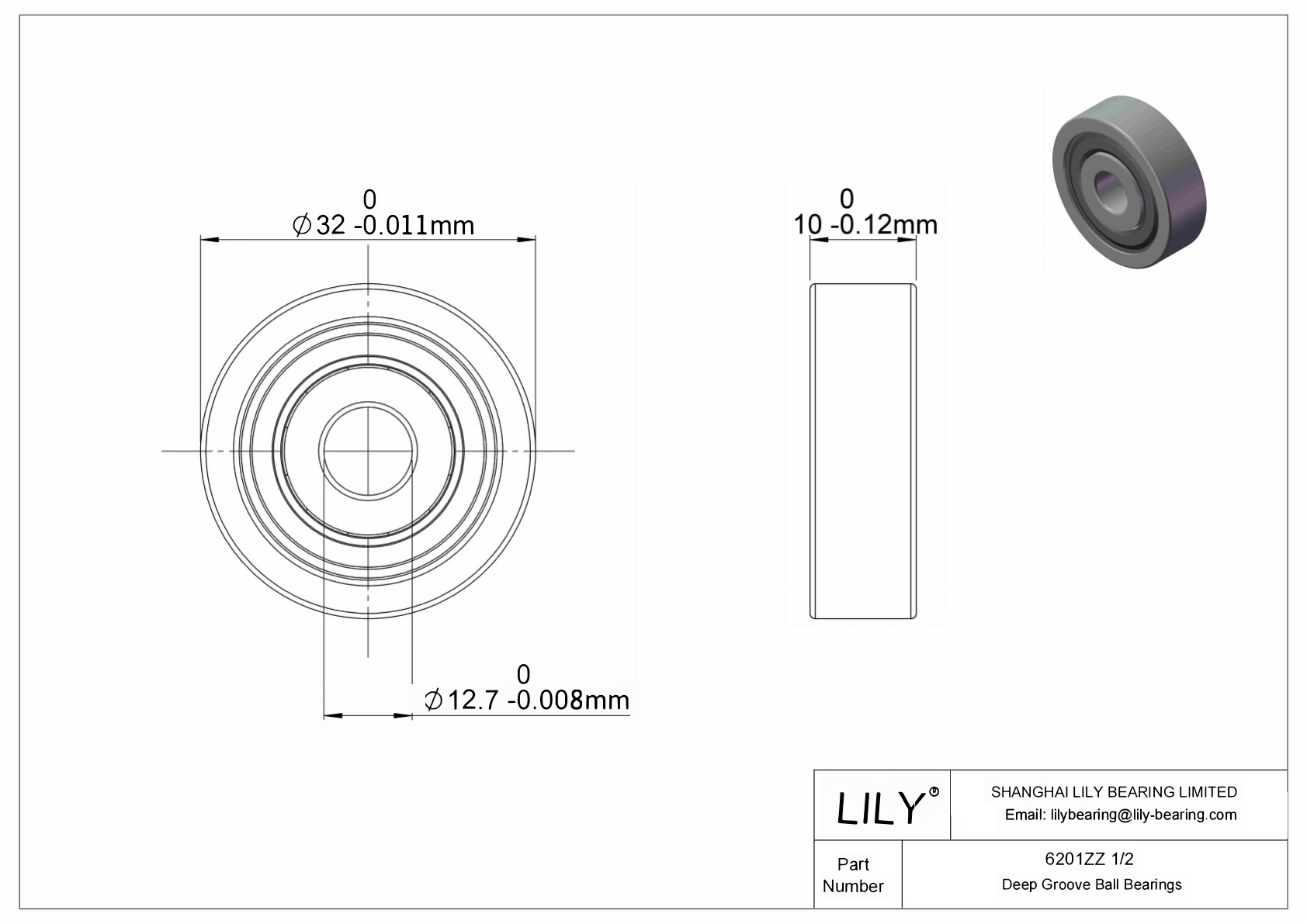 6201ZZ 1/2 Single Row Deep Groove Ball Bearings cad drawing