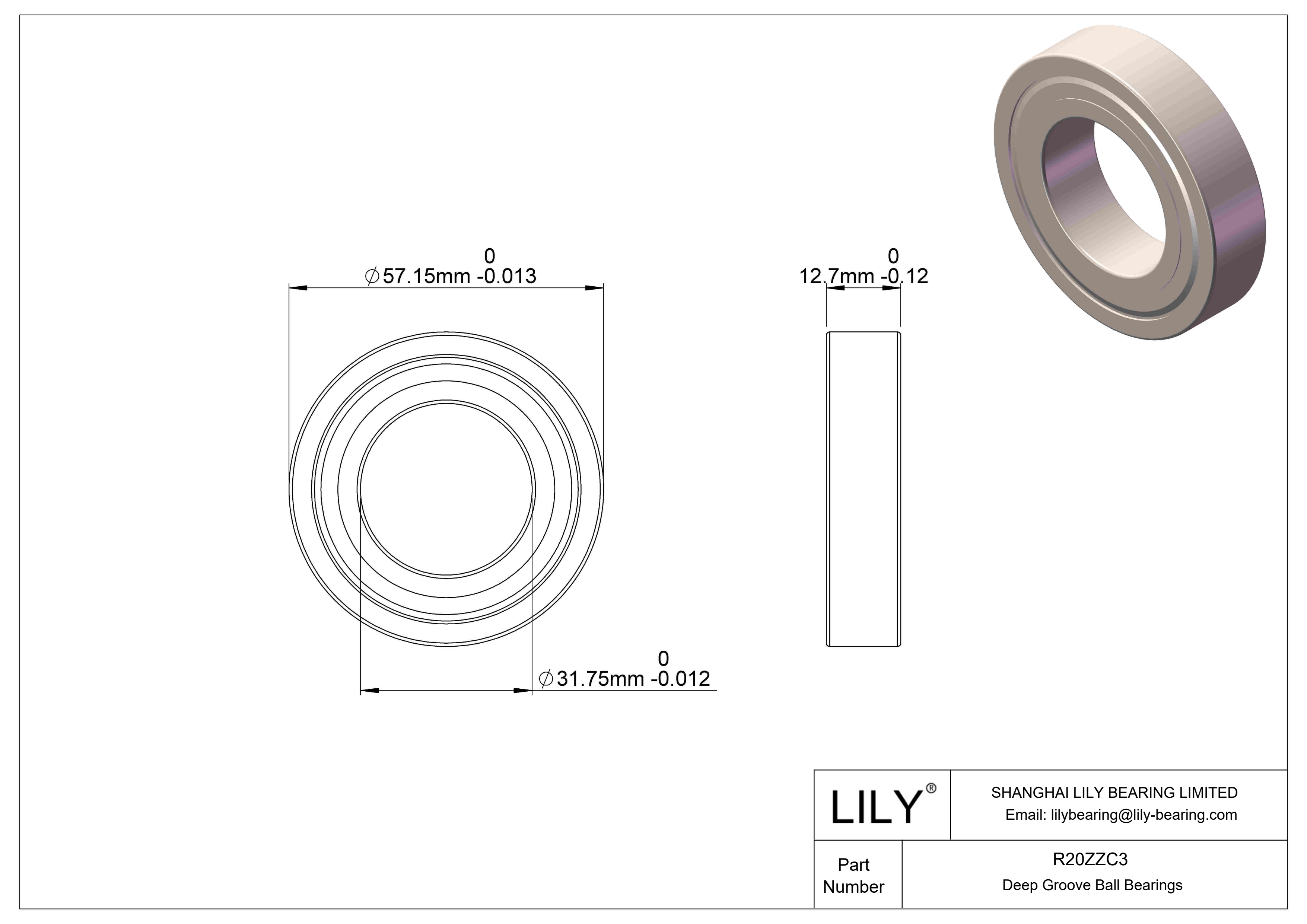 R20ZZC3 Inch Bearing cad drawing