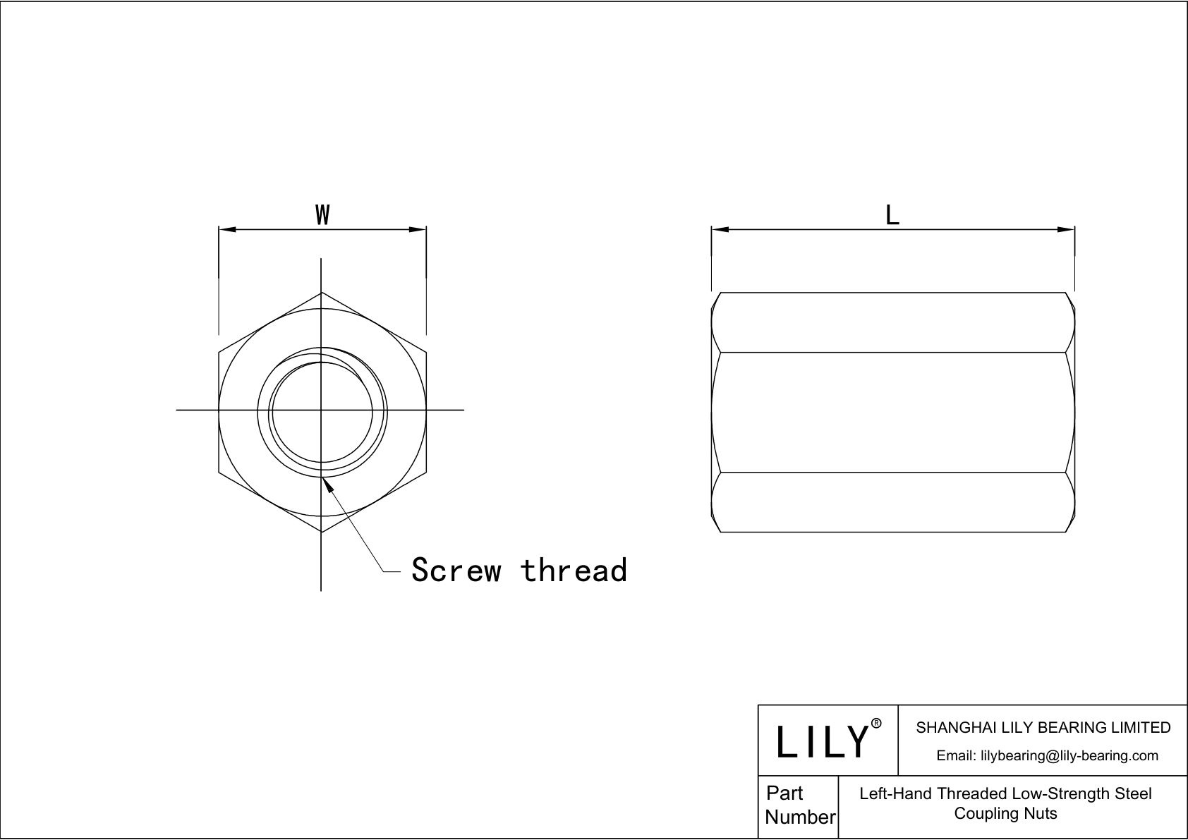 JDDEFACEA Left-Hand Threaded Low-Strength Steel Coupling Nuts cad drawing