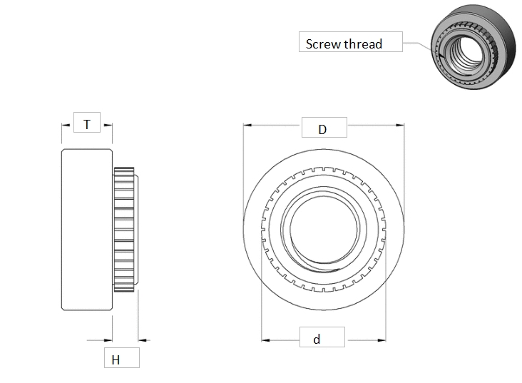 JEBAAABGA Tuercas a presión métricas de acero inoxidable para metal blando y plástico cad drawing