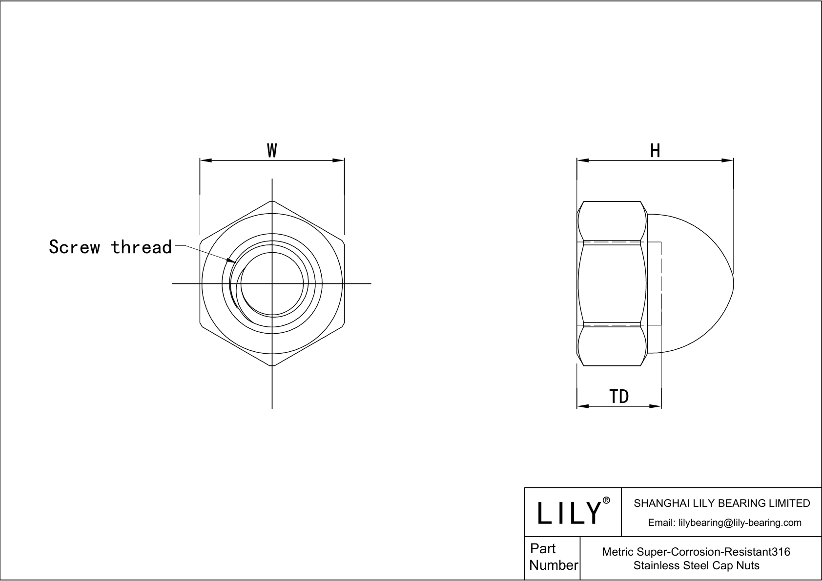 JFFBEABAG 公制超耐腐蚀 316 不锈钢盖形螺母 cad drawing