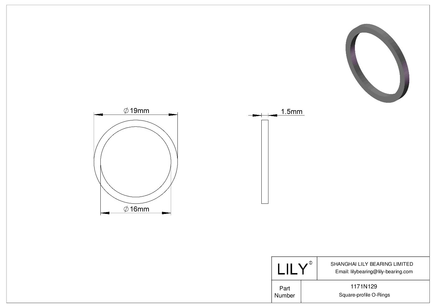 1171N129 Oil Resistant O-Rings Square cad drawing