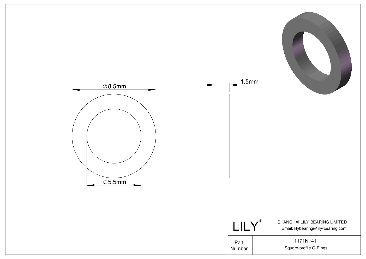 1171N141 Oil Resistant O-Rings Square cad drawing