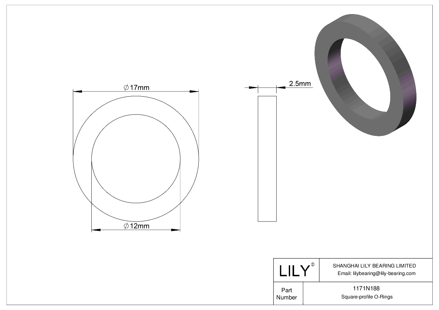 1171N188 Oil Resistant O-Rings Square cad drawing