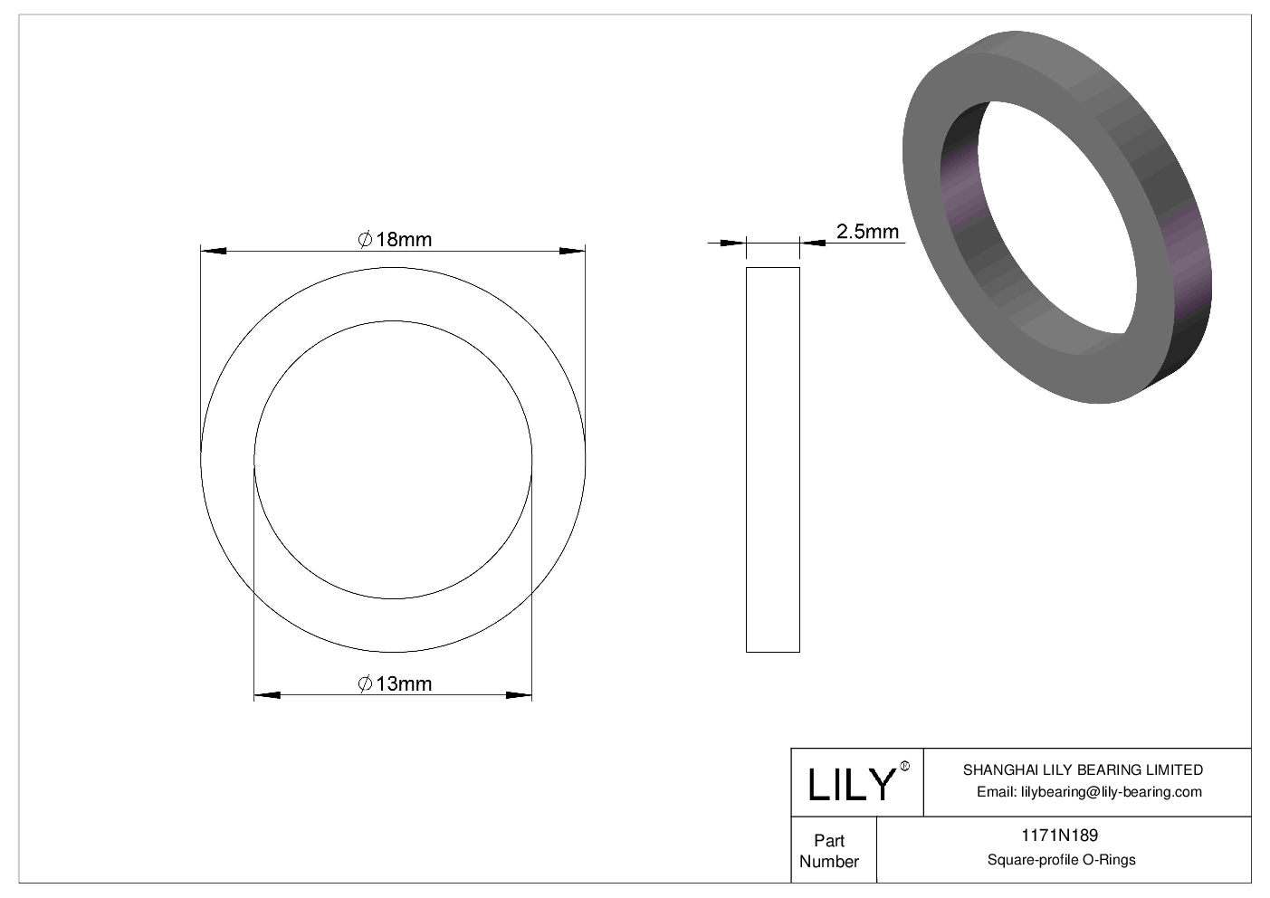 1171N189 Oil Resistant O-Rings Square cad drawing