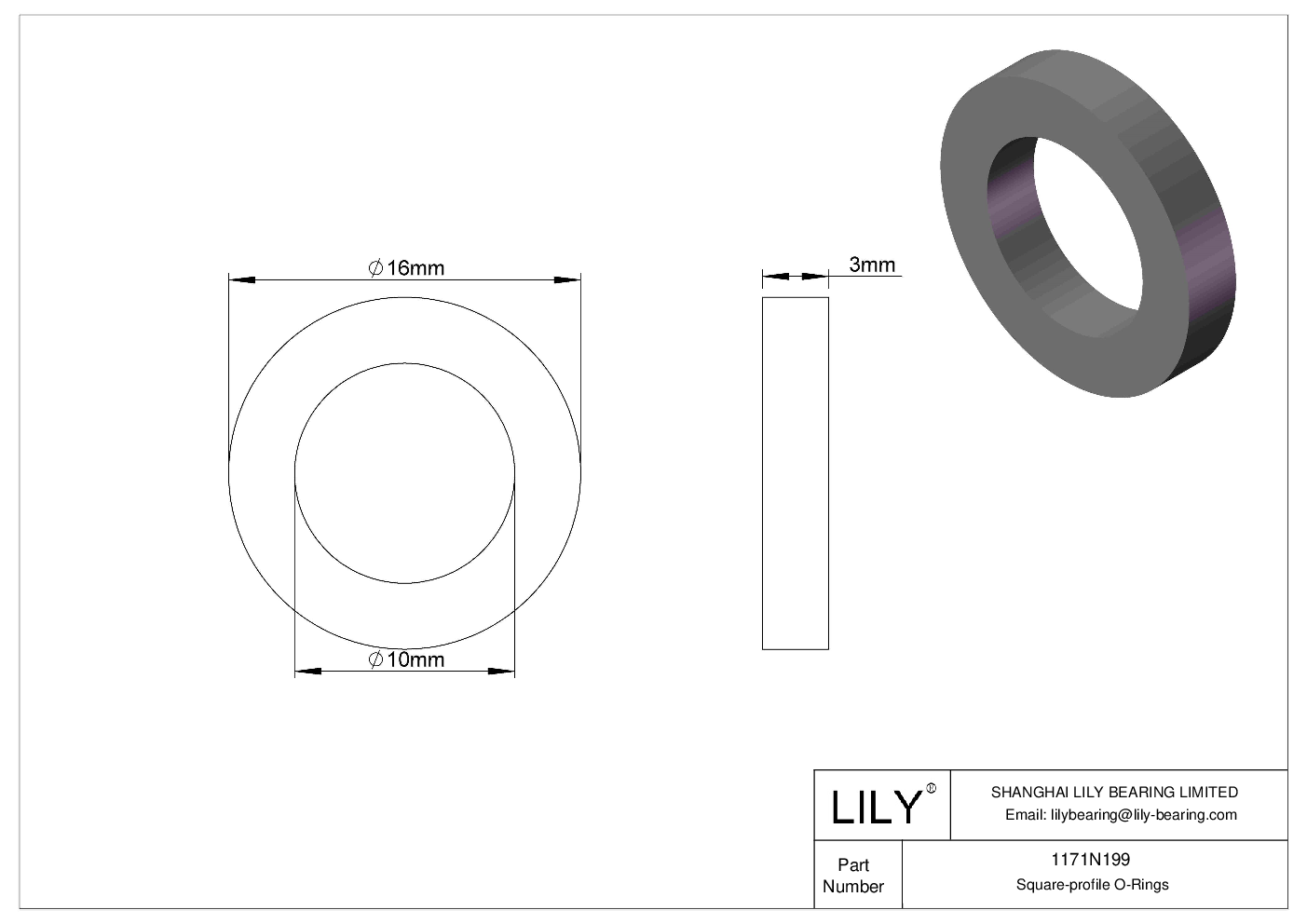 1171N199 Oil Resistant O-Rings Square cad drawing